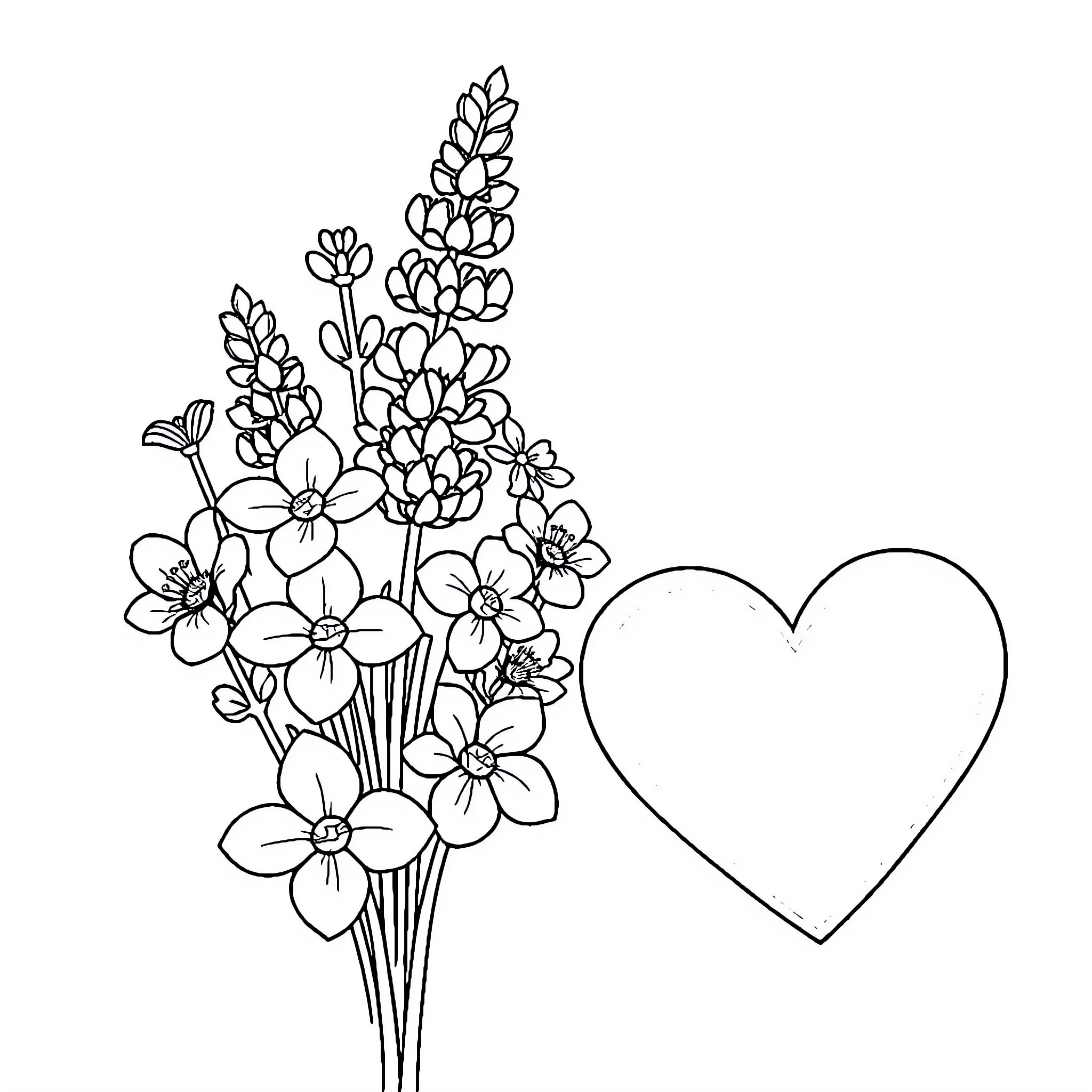 Lavender floral bouquet with heart shape Coloring Page (free black-and-white line drawing printable PDF for all, from beginners to advanced learners, including children, teens, adults, and seniors)