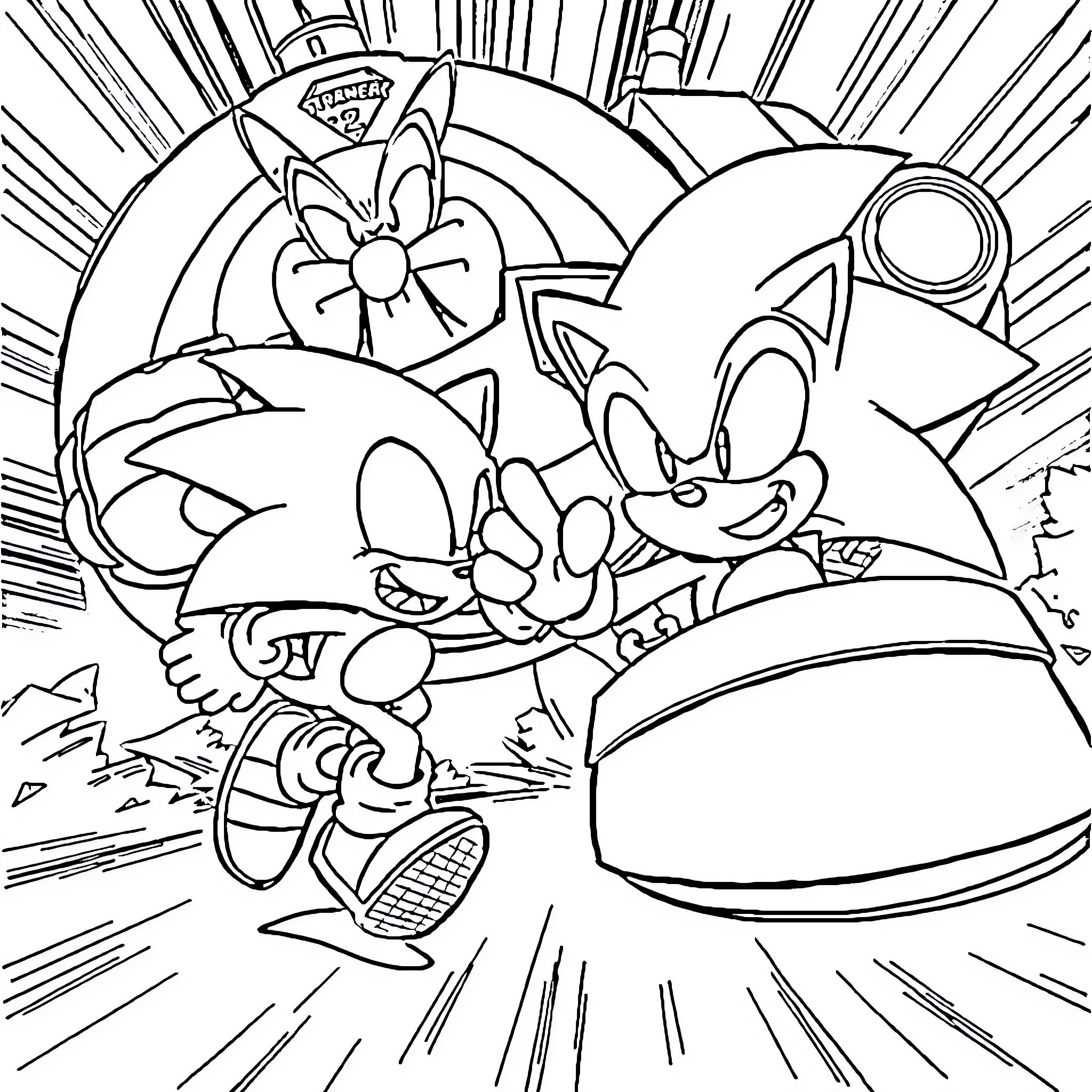 Sonic and Friends in Action-Packed Adventure Coloring Page (free black-and-white line drawing printable PDF for all, from beginners to advanced learners, including children, teens, adults, and seniors)