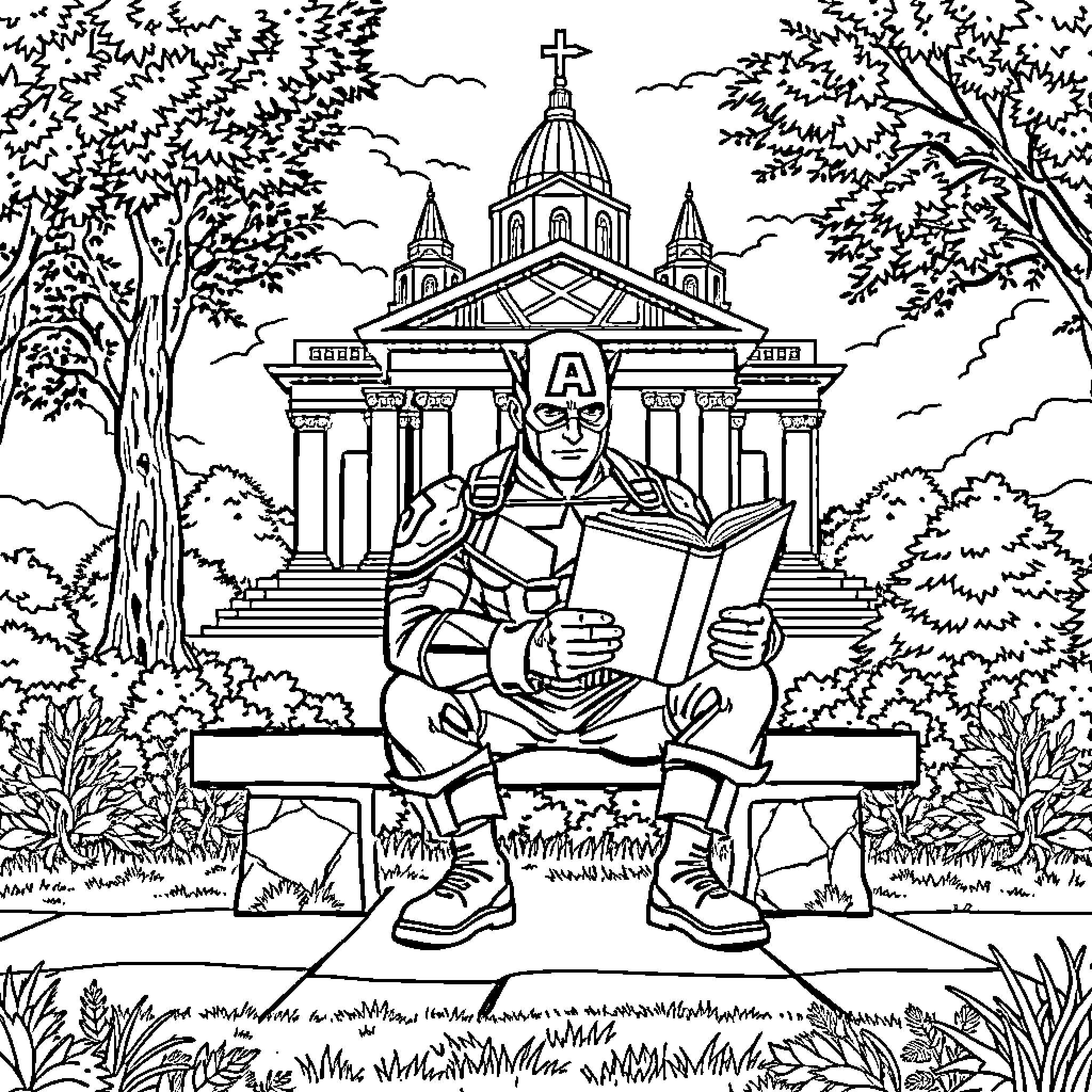 Captain America reading a book on a bench in the park Coloring Page (free black-and-white line drawing printable PDF for all, from beginners to advanced learners, including children, teens, adults, and seniors)