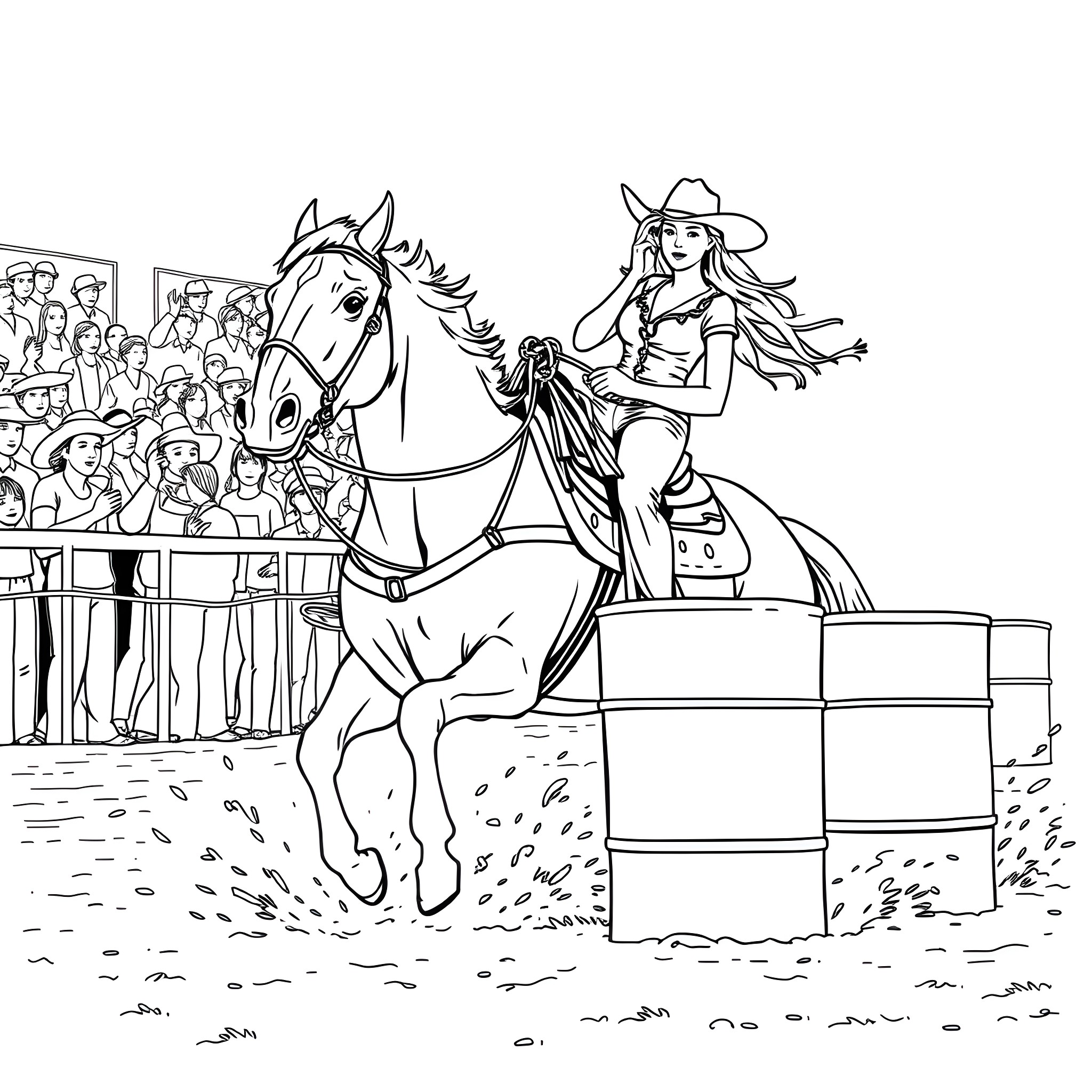 Cowgirl Performing Impressive Stunts on Horseback Coloring Page (free black-and-white line drawing printable PDF for all, from beginners to advanced learners, including children, teens, adults, and seniors)
