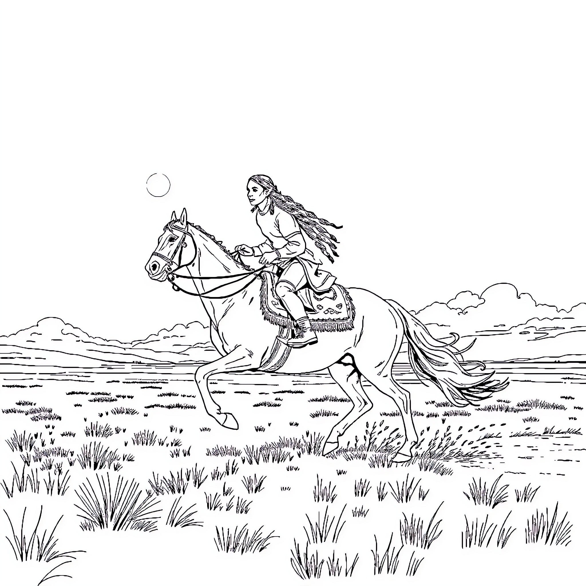 Indian Woman Riding Horse in Grassy Landscape Coloring Page (free black-and-white line drawing printable PDF for all, from beginners to advanced learners, including children, teens, adults, and seniors)