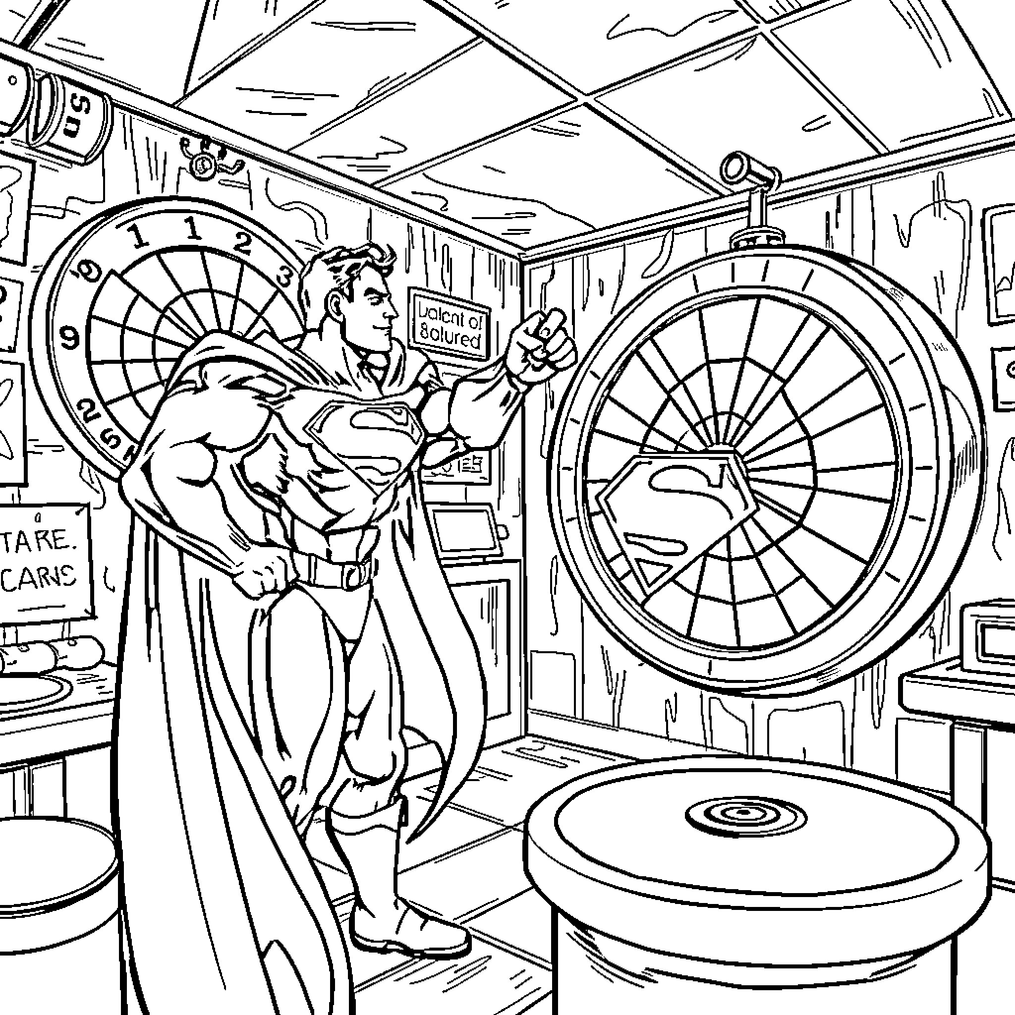 Superman in Action-Packed Superhero Headquarters Coloring Page (free black-and-white line drawing printable PDF for all, from beginners to advanced learners, including children, teens, adults, and seniors)