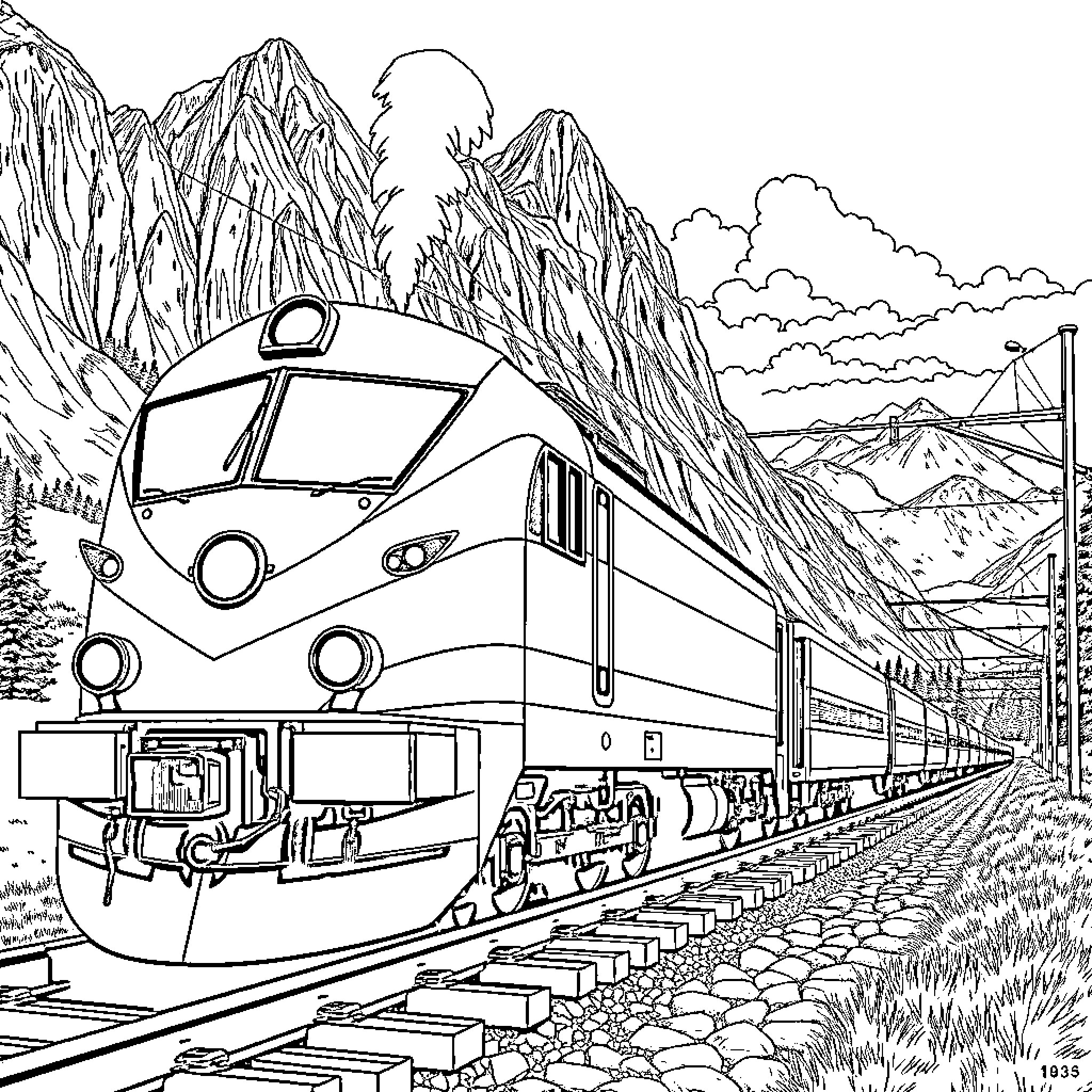 Locomotive traveling through mountainous landscape Coloring Page (free black-and-white line drawing printable PDF for all, from beginners to advanced learners, including children, teens, adults, and seniors)