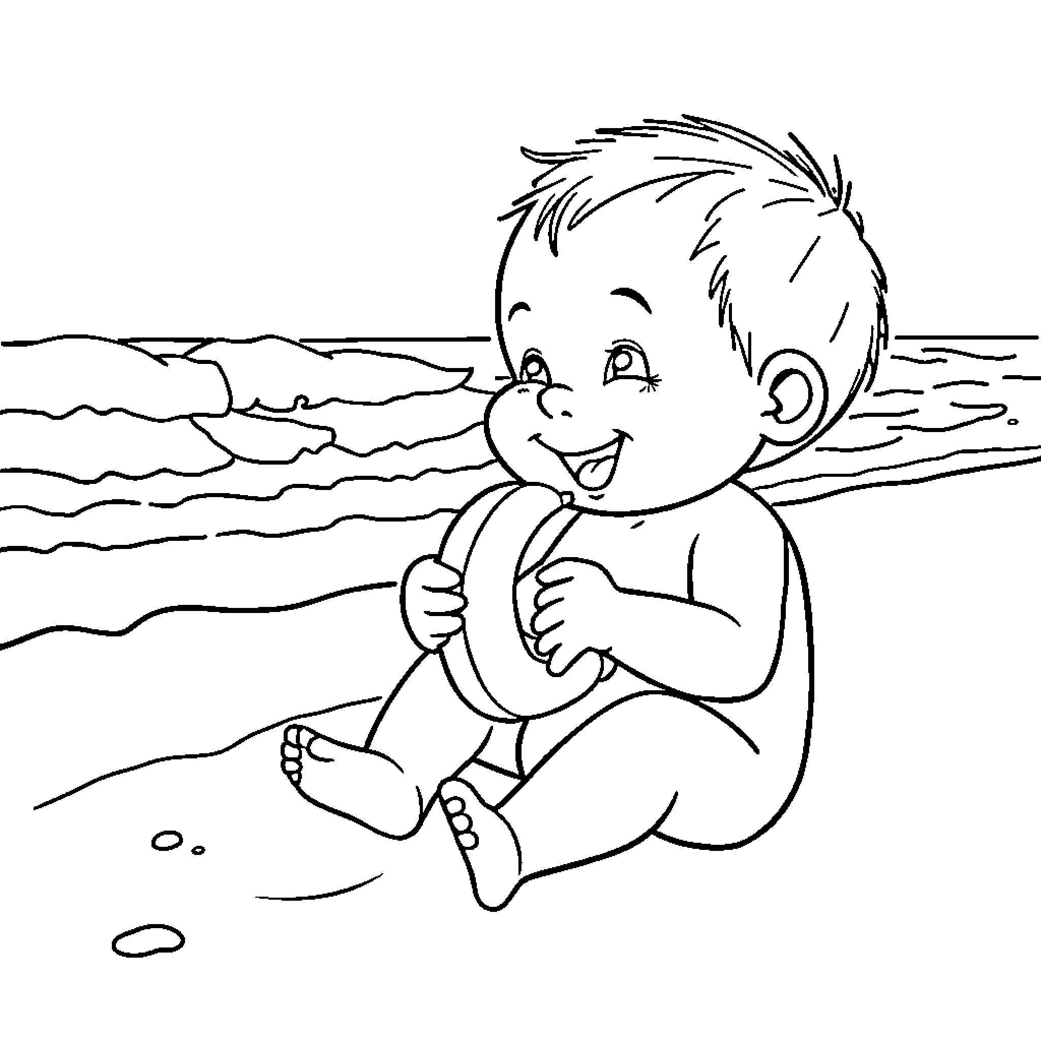 Baby enjoying playtime on the beach Coloring Page (free black-and-white line drawing printable PDF for all, from beginners to advanced learners, including children, teens, adults, and seniors)