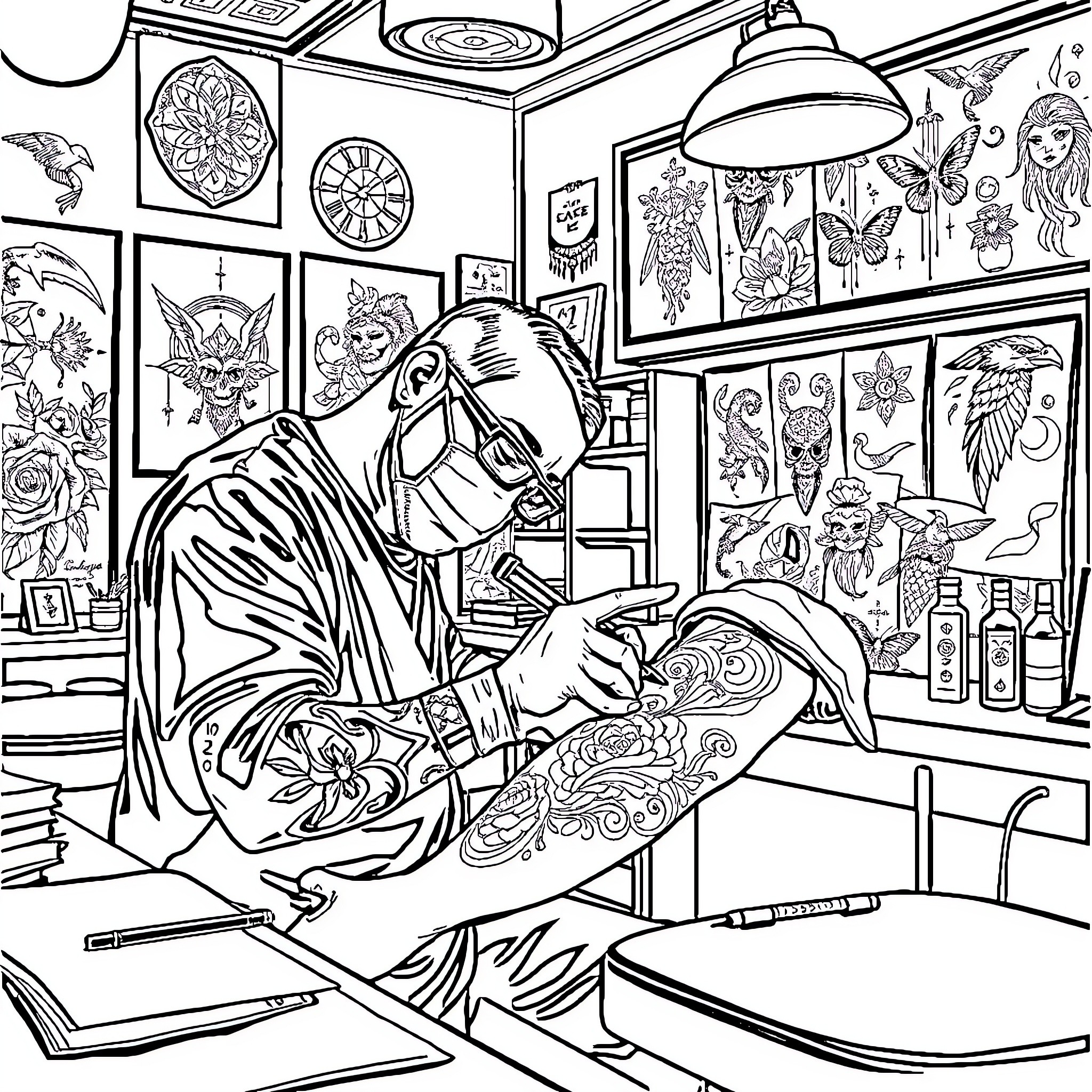 Tattoo Artist Crafting Intricate Designs in Vibrant Studio Coloring Page (free black-and-white line drawing printable PDF for all, from beginners to advanced learners, including children, teens, adults, and seniors)