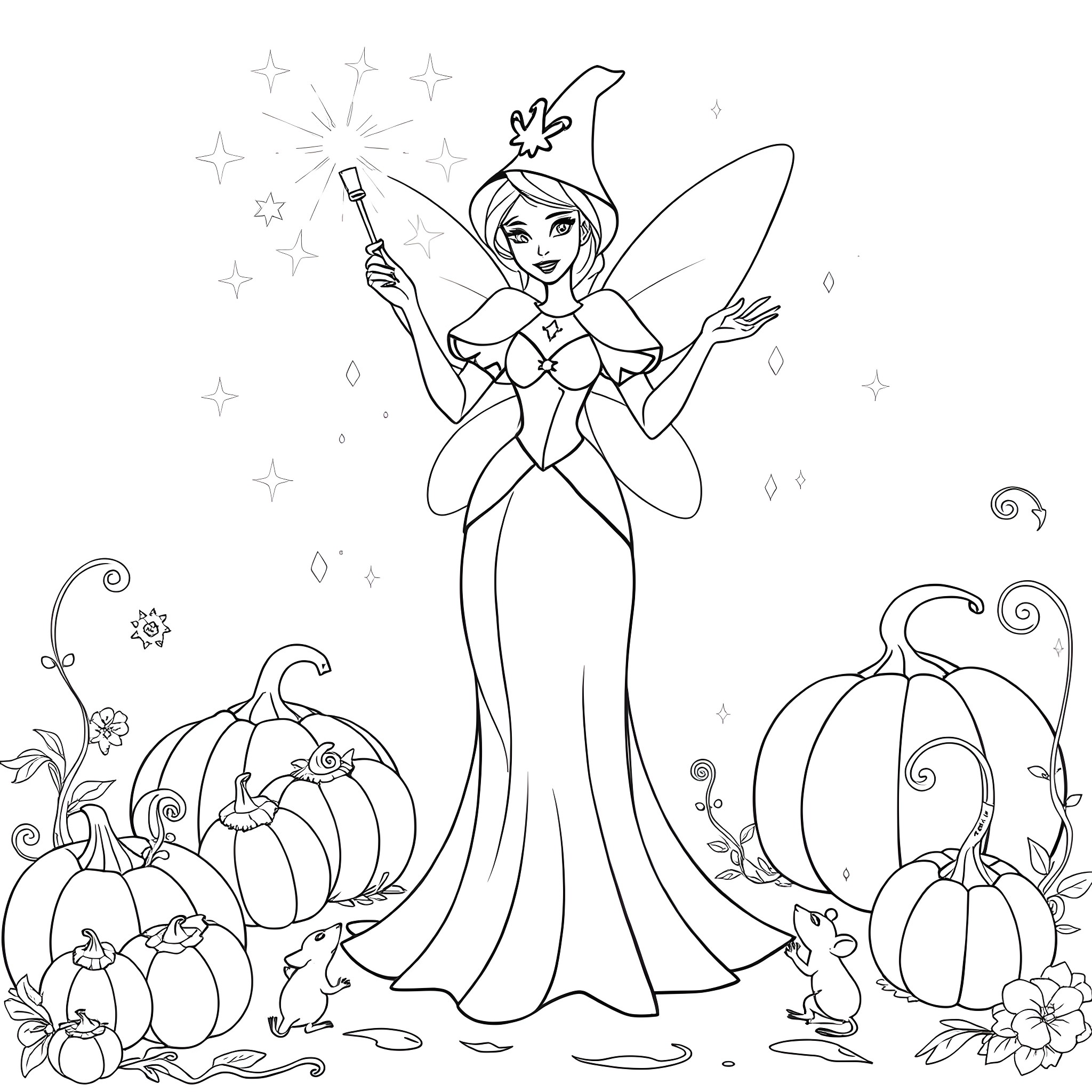 Fairy Godmother waving her magic wand and casting a spell Coloring Page (free black-and-white line drawing printable PDF for all, from beginners to advanced learners, including children, teens, adults, and seniors)