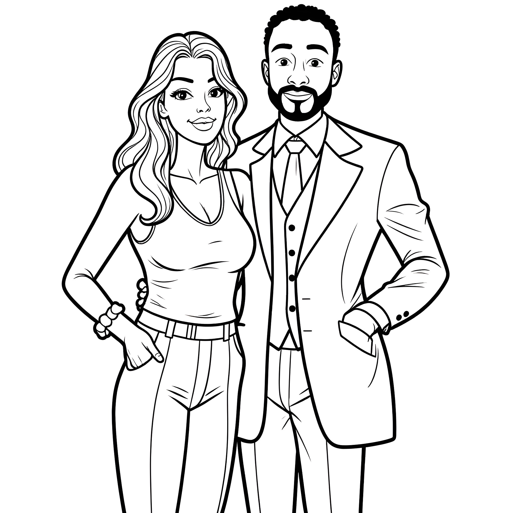 Mafia Couple in Formal Attire Coloring Page (free black-and-white line drawing printable PDF for all, from beginners to advanced learners, including children, teens, adults, and seniors)