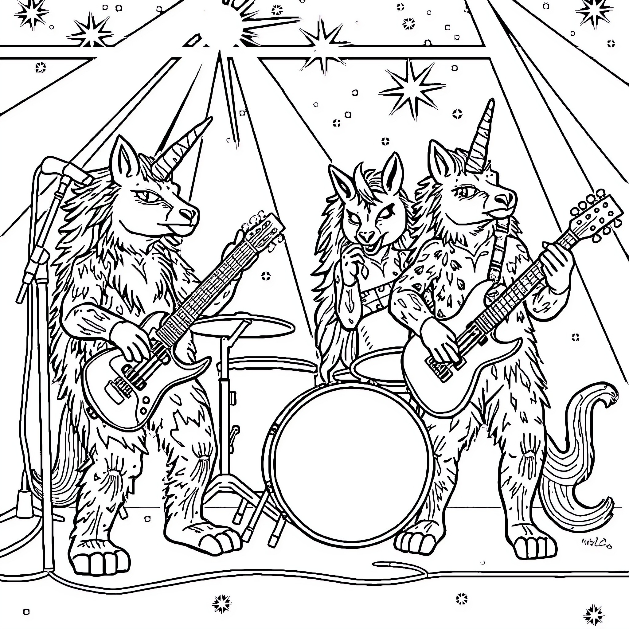 Licorne unicorn rock band performing on stage Coloring Page (free black-and-white line drawing printable PDF for all, from beginners to advanced learners, including children, teens, adults, and seniors)
