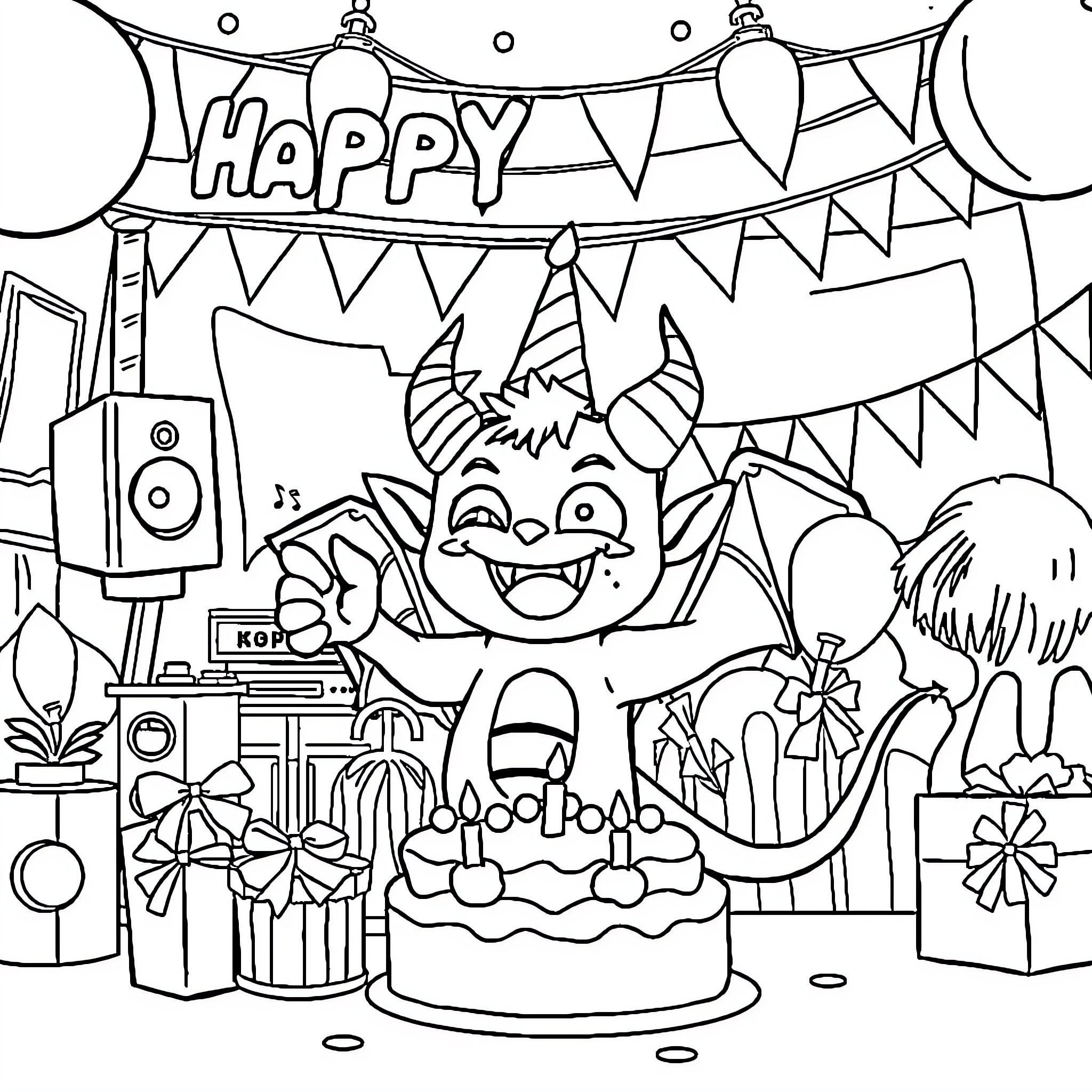 Demon Celebrates Birthday with Decorations and Cake Coloring Page (free black-and-white line drawing printable PDF for all, from beginners to advanced learners, including children, teens, adults, and seniors)