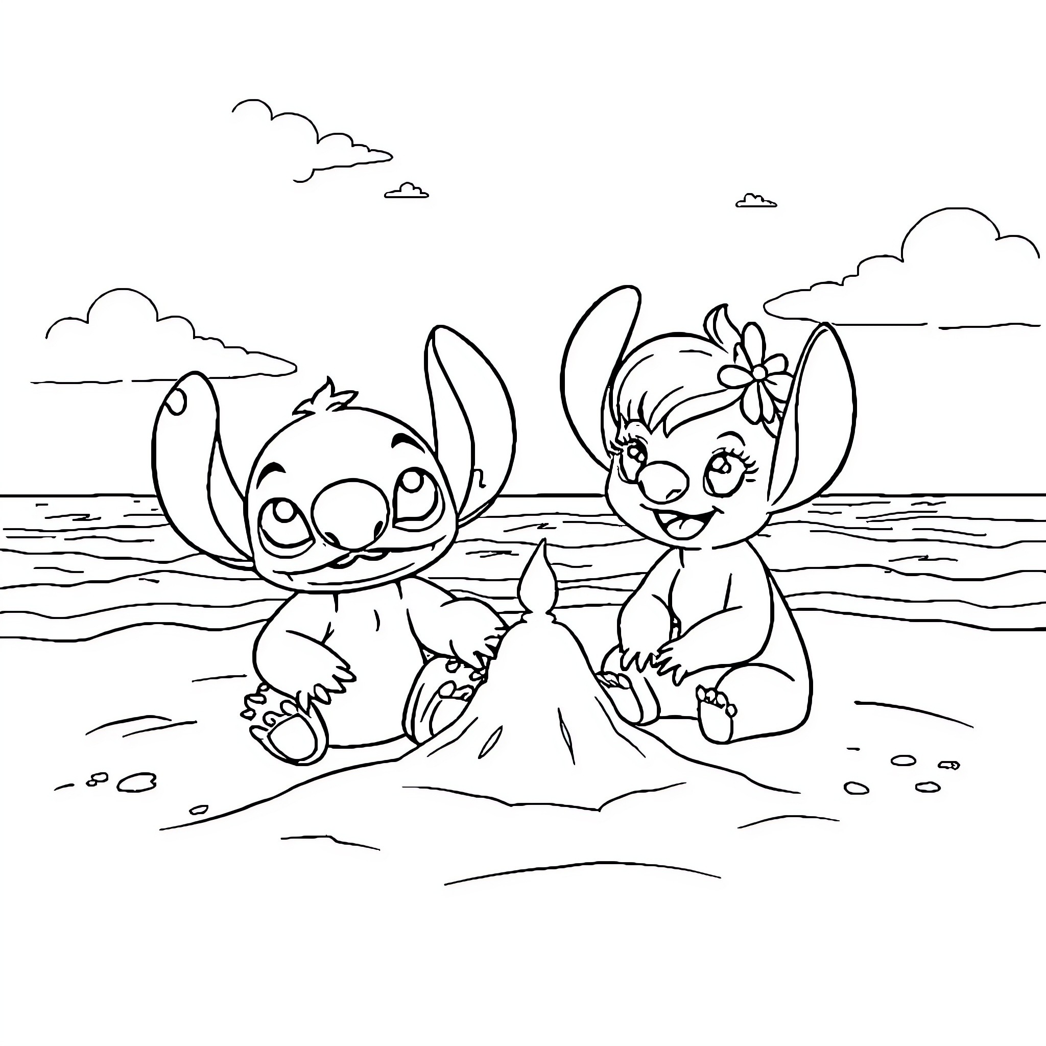 Stitch and Angel playing together on the beach Coloring Page (free black-and-white line drawing printable PDF for all, from beginners to advanced learners, including children, teens, adults, and seniors)