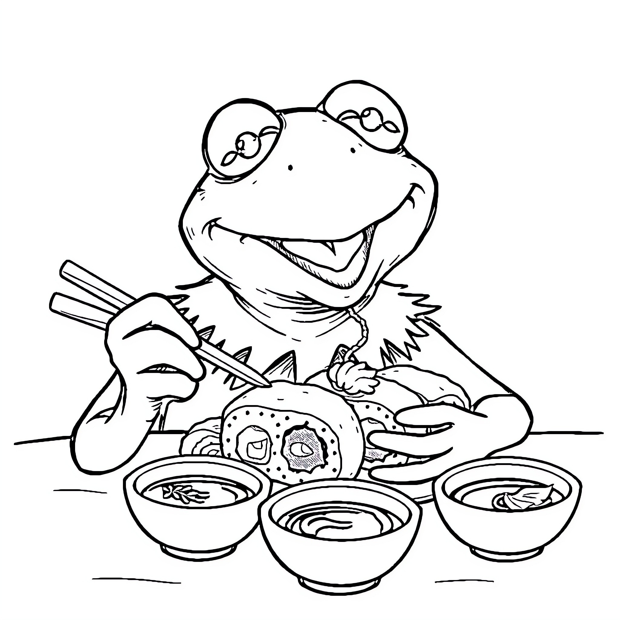 Kermit enjoys delicious food in bowls Coloring Page (free black-and-white line drawing printable PDF for all, from beginners to advanced learners, including children, teens, adults, and seniors)