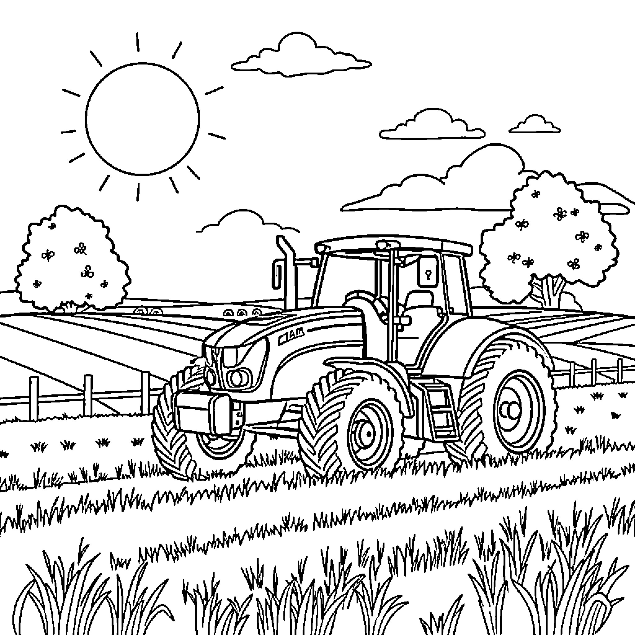 Tractor working in the countryside field Coloring Page (free black-and-white line drawing printable PDF for all, from beginners to advanced learners, including children, teens, adults, and seniors)