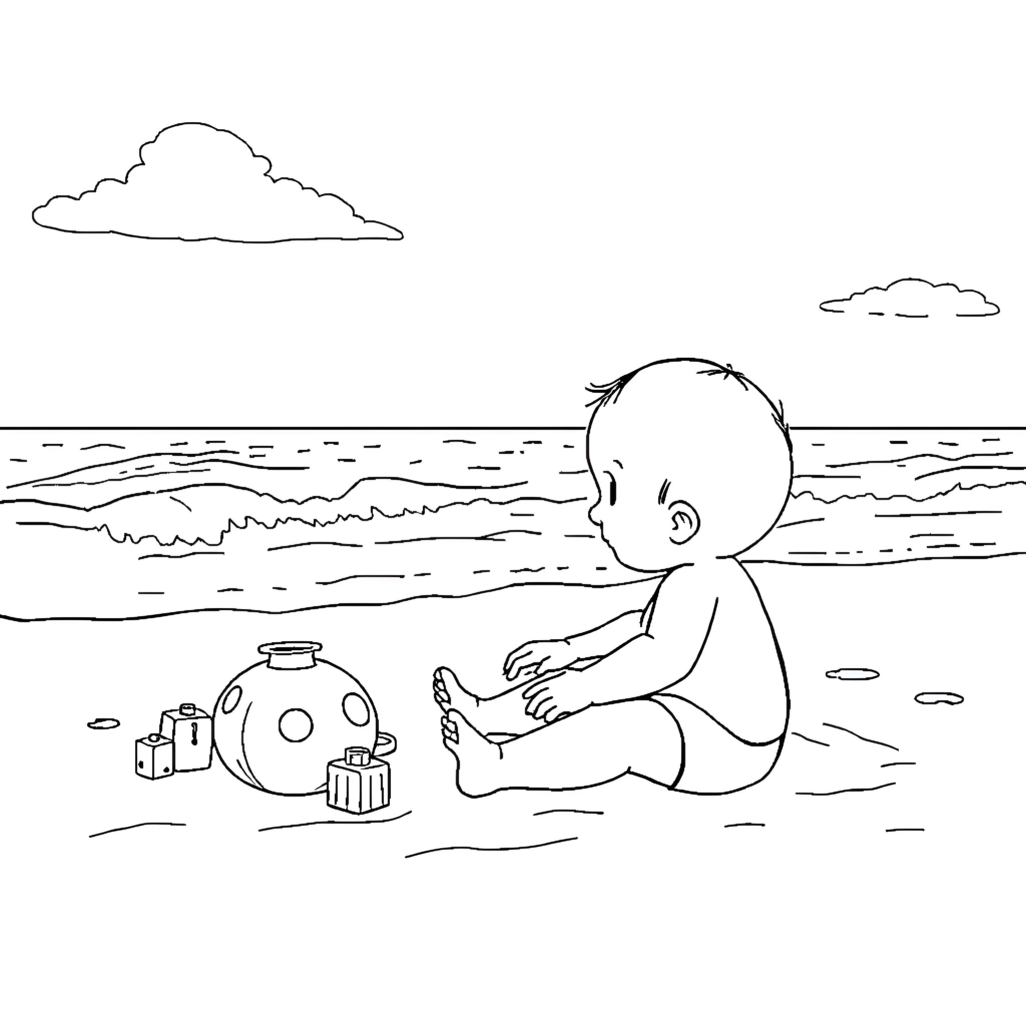 Baby playing with toys on the beach Coloring Page (free black-and-white line drawing printable PDF for all, from beginners to advanced learners, including children, teens, adults, and seniors)