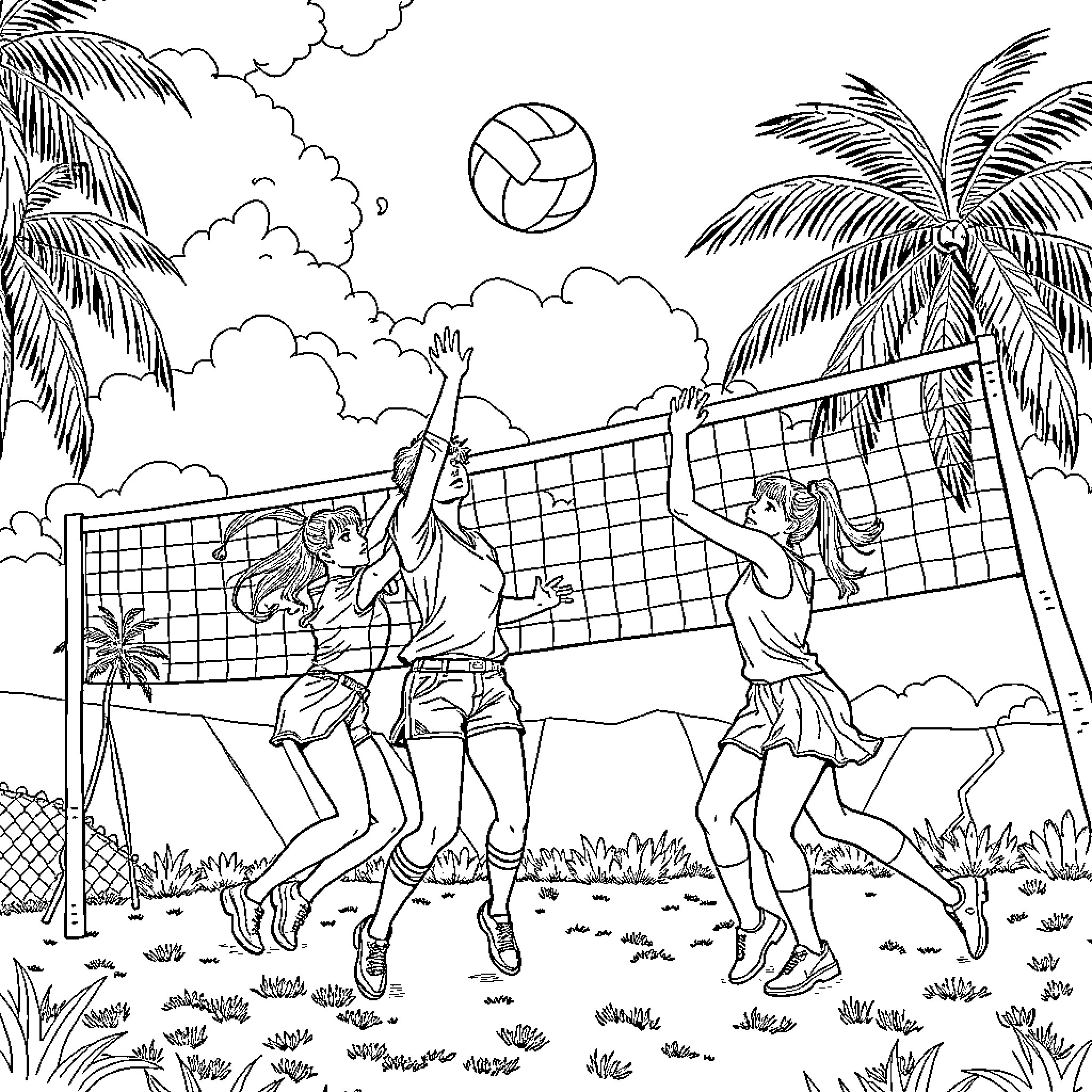 Mira's Beach Volleyball Adventure Coloring Page (free black-and-white line drawing printable PDF for all, from beginners to advanced learners, including children, teens, adults, and seniors)