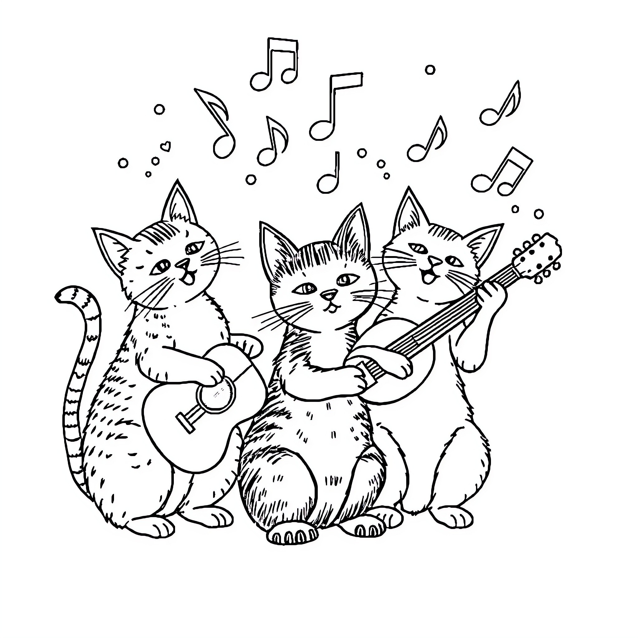 Cat Musical Band Playing Instruments Joyfully Coloring Page (free black-and-white line drawing printable PDF for all, from beginners to advanced learners, including children, teens, adults, and seniors)
