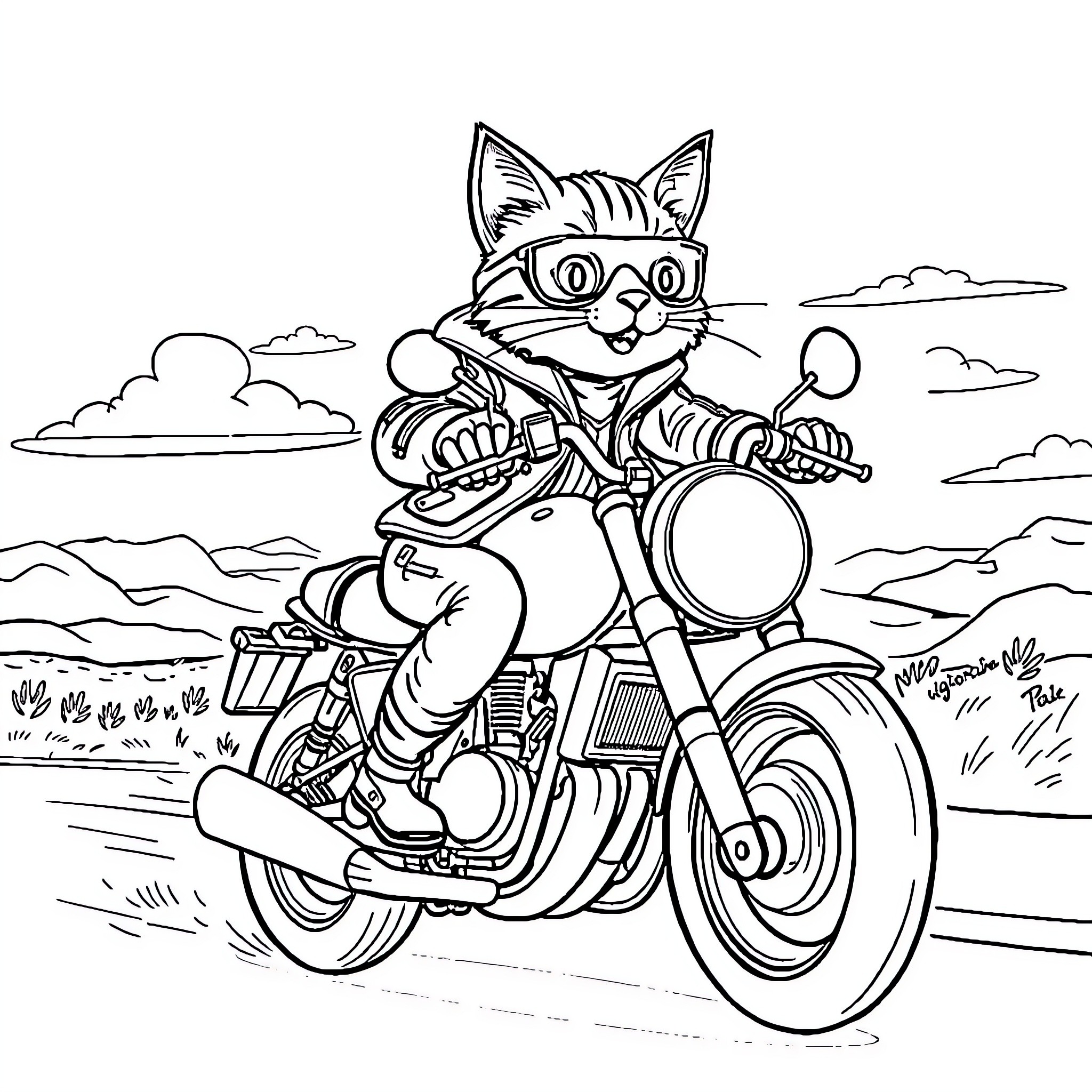 Cat riding a motorcycle on the open road Coloring Page (free black-and-white line drawing printable PDF for all, from beginners to advanced learners, including children, teens, adults, and seniors)