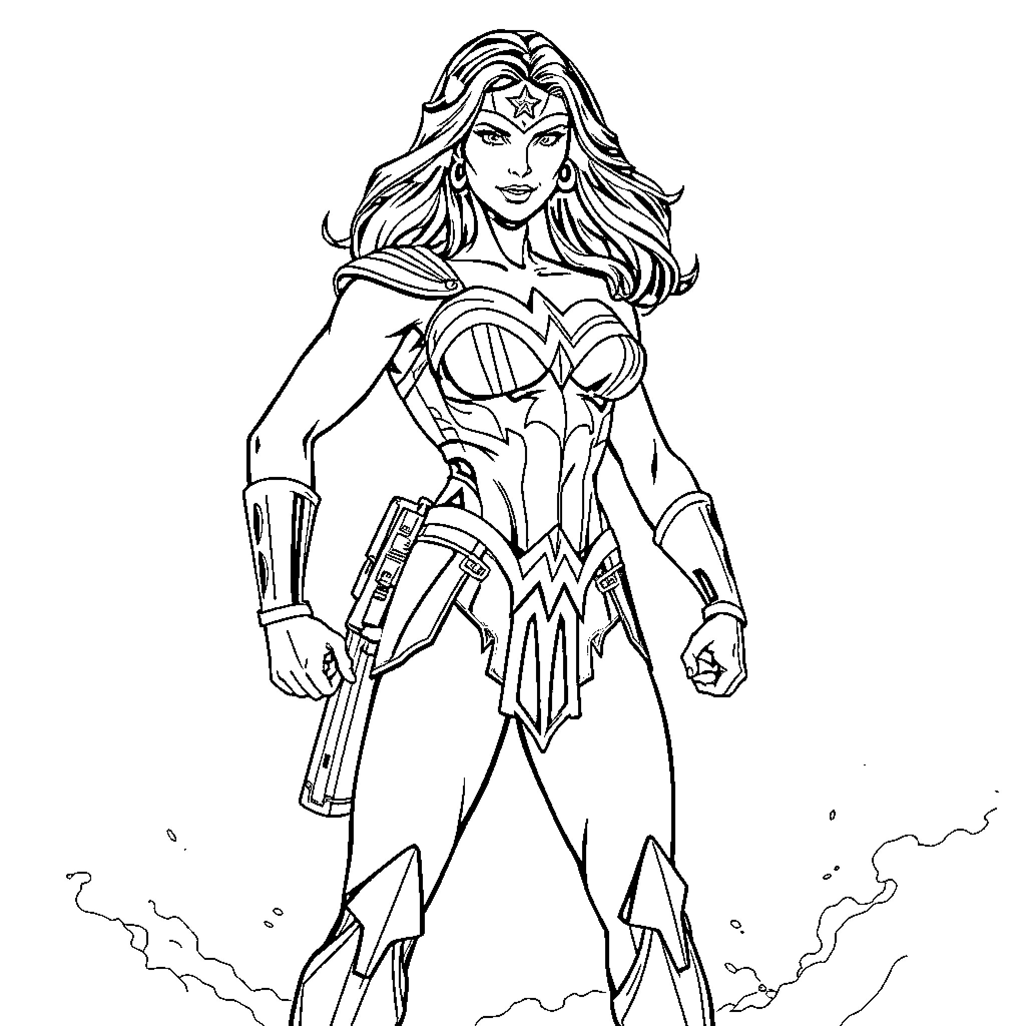 Wonder Woman in heroic pose with lasso and shield Coloring Page (free black-and-white line drawing printable PDF for all, from beginners to advanced learners, including children, teens, adults, and seniors)