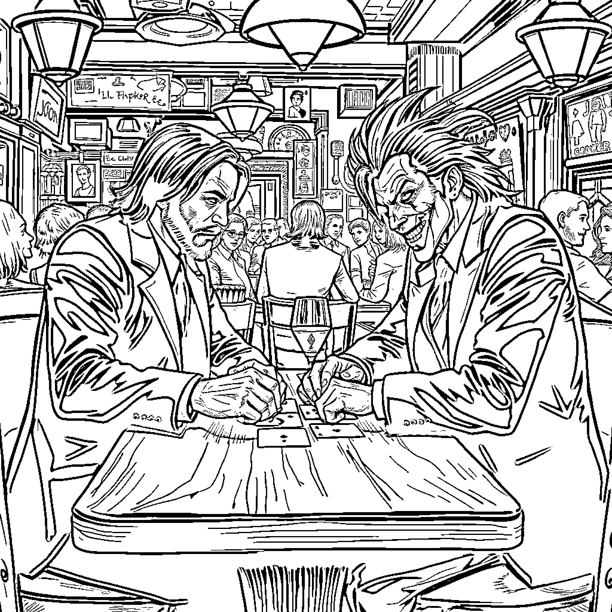 John Wick's Intense Meeting in a Crowded Diner Coloring Page (free black-and-white line drawing printable PDF for all, from beginners to advanced learners, including children, teens, adults, and seniors)