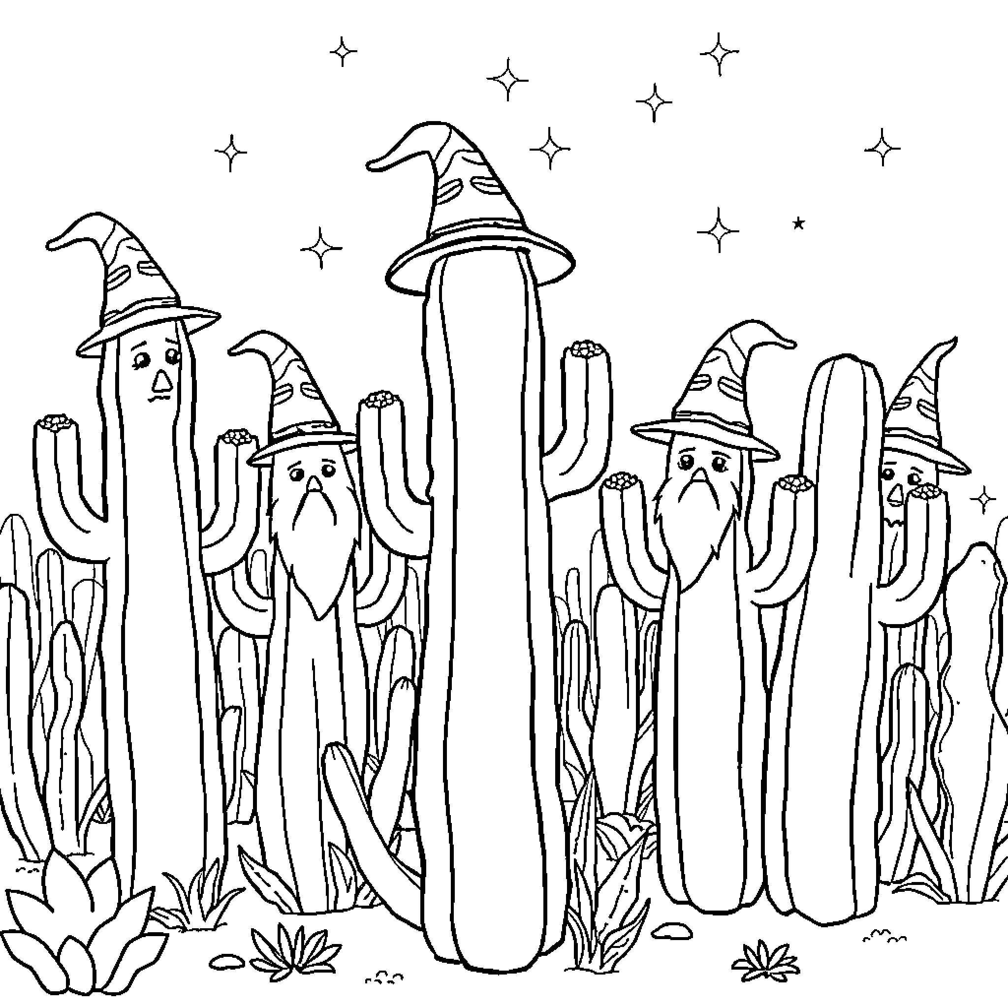 Cactus wizards gather under the starry night Coloring Page (free black-and-white line drawing printable PDF for all, from beginners to advanced learners, including children, teens, adults, and seniors)