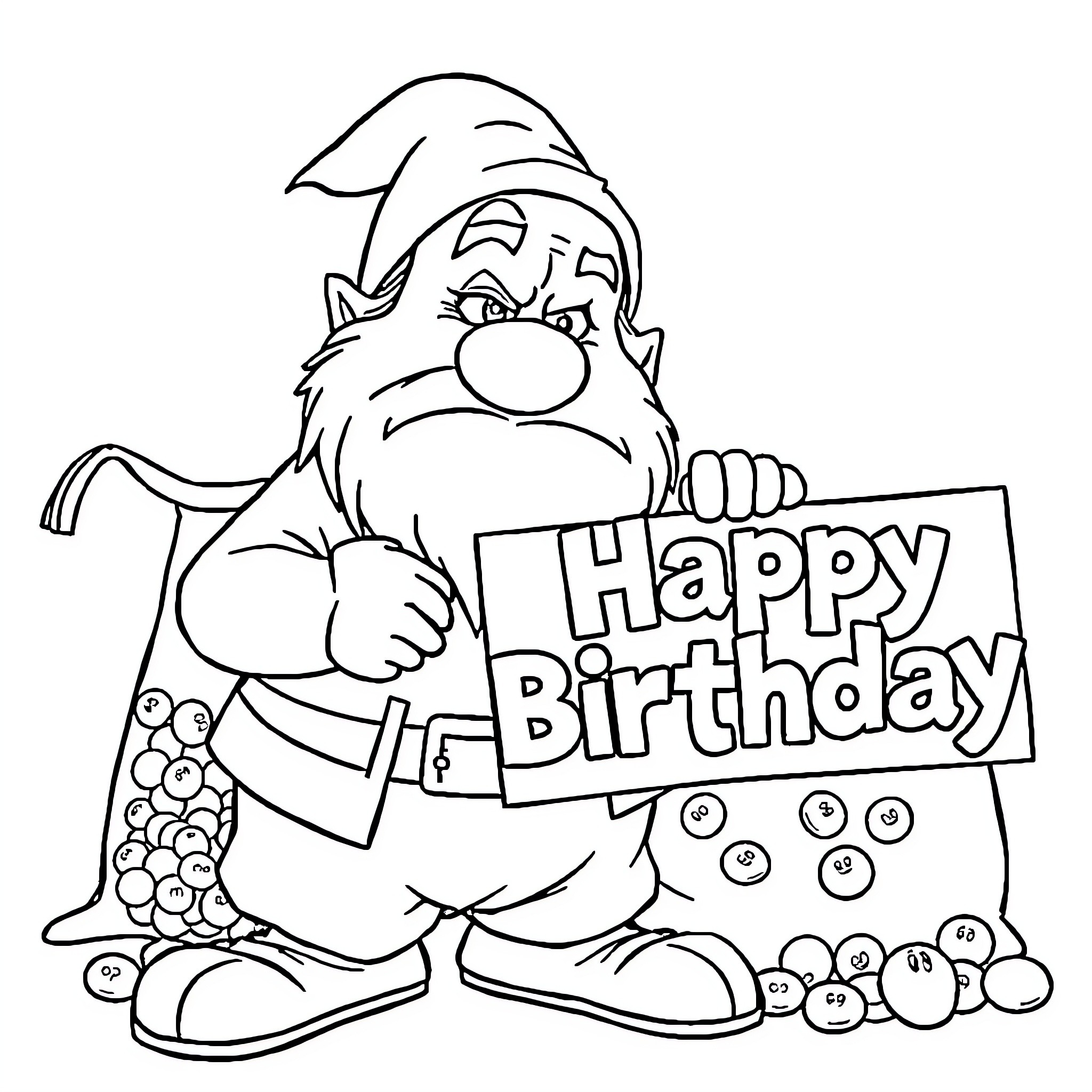 Dwarf holding Happy Birthday sign Coloring Page (free black-and-white line drawing printable PDF for all, from beginners to advanced learners, including children, teens, adults, and seniors)