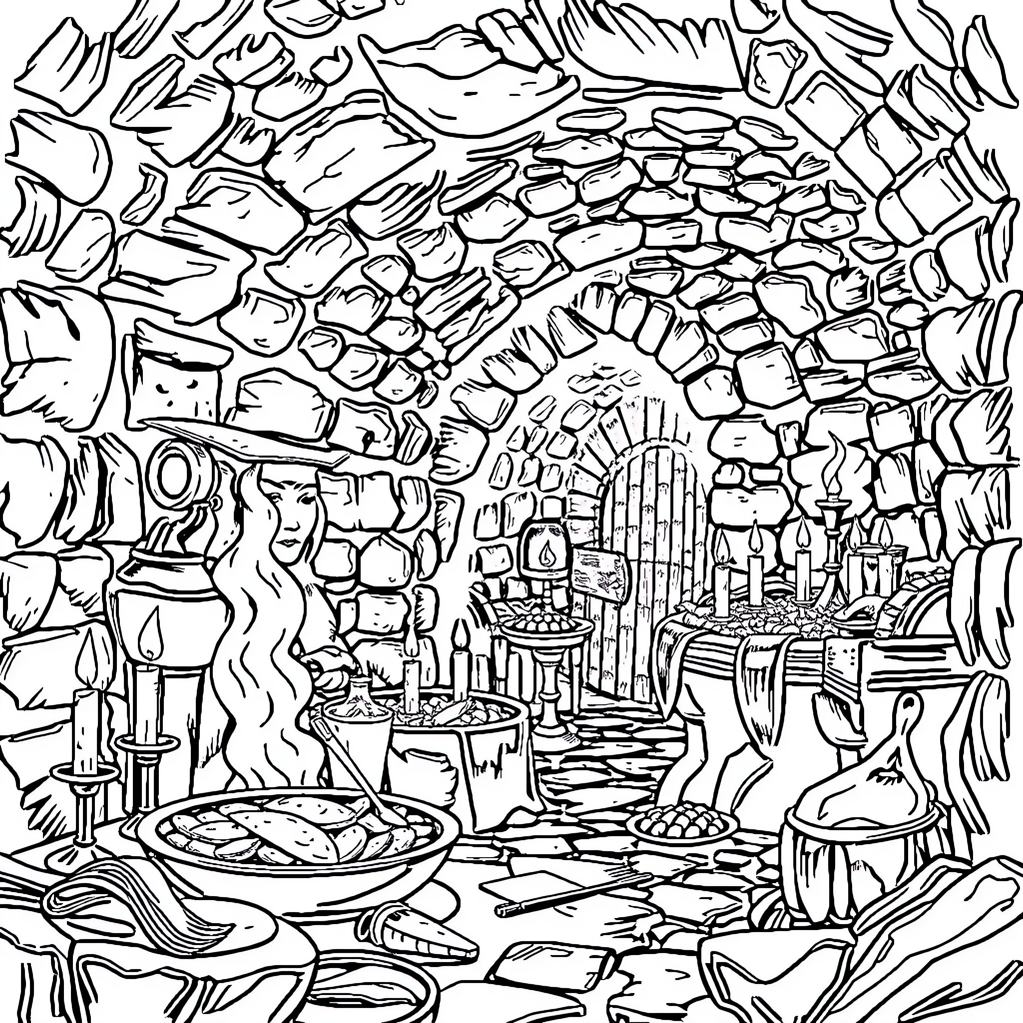 Dungeon Interior with Magical Artifacts and Scenes Coloring Page (free black-and-white line drawing printable PDF for all, from beginners to advanced learners, including children, teens, adults, and seniors)