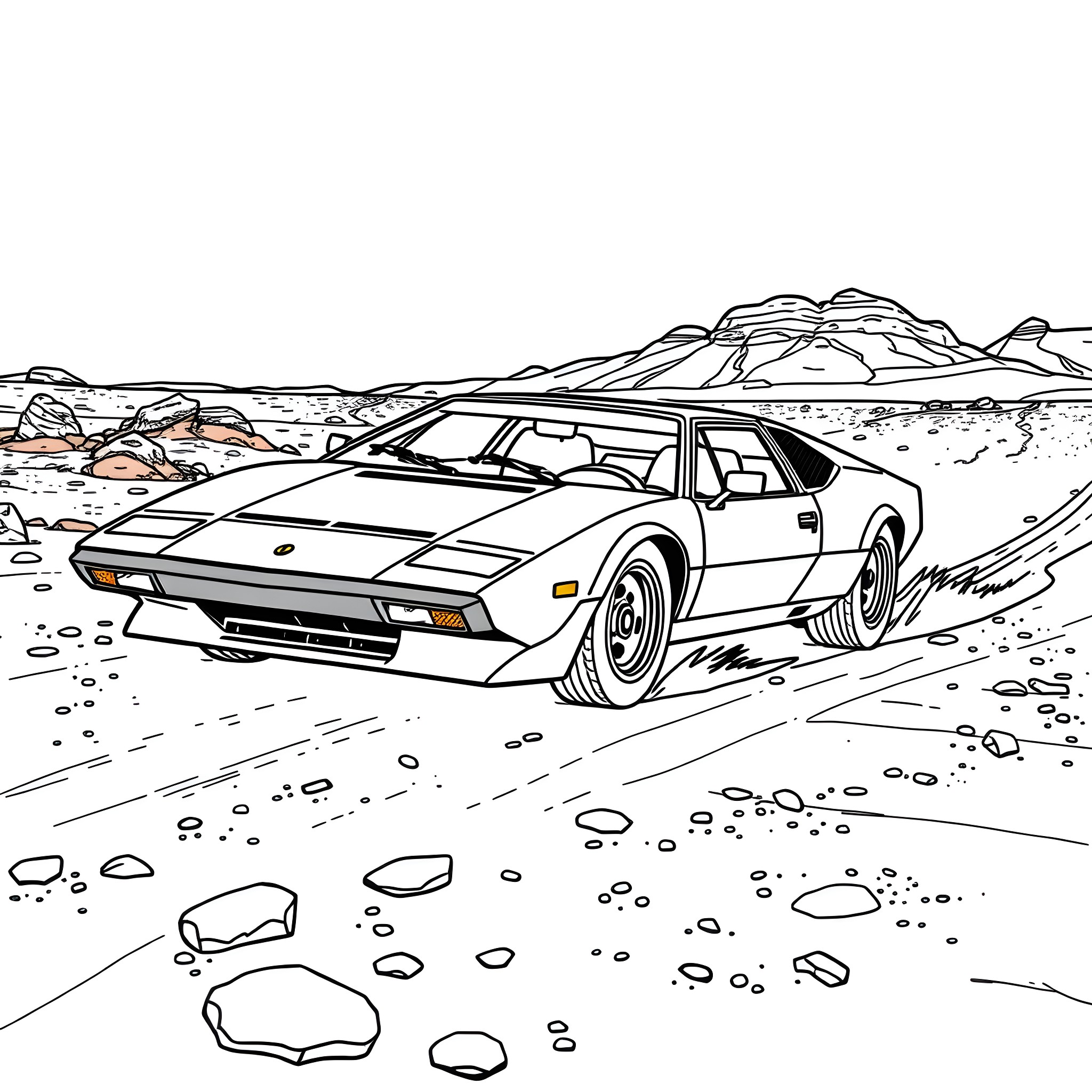 Detomaso Pantera speeding through rugged desert landscape Coloring Page (free black-and-white line drawing printable PDF for all, from beginners to advanced learners, including children, teens, adults, and seniors)