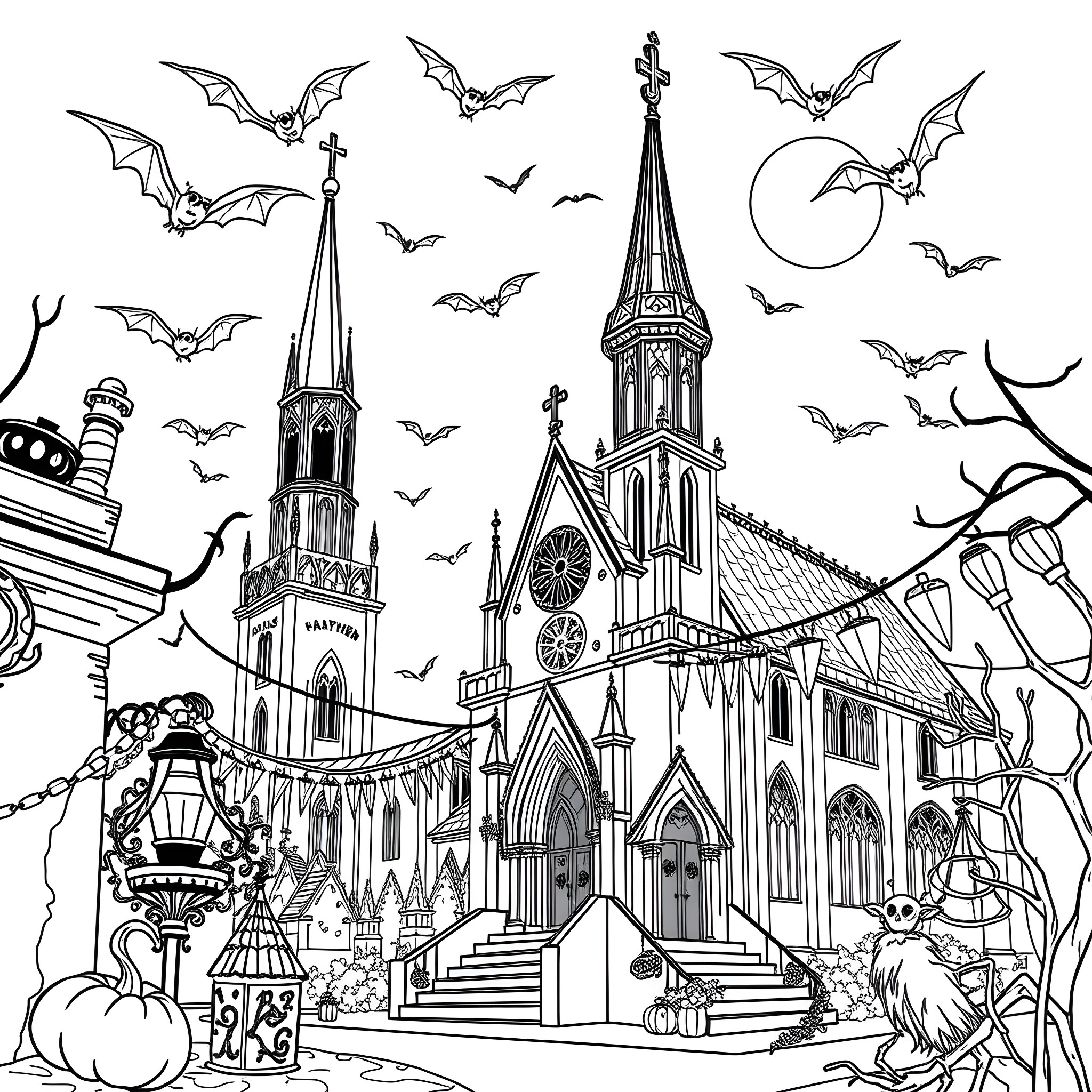 Bat-tastic Halloween Church Scene Coloring Page (free black-and-white line drawing printable PDF for all, from beginners to advanced learners, including children, teens, adults, and seniors)