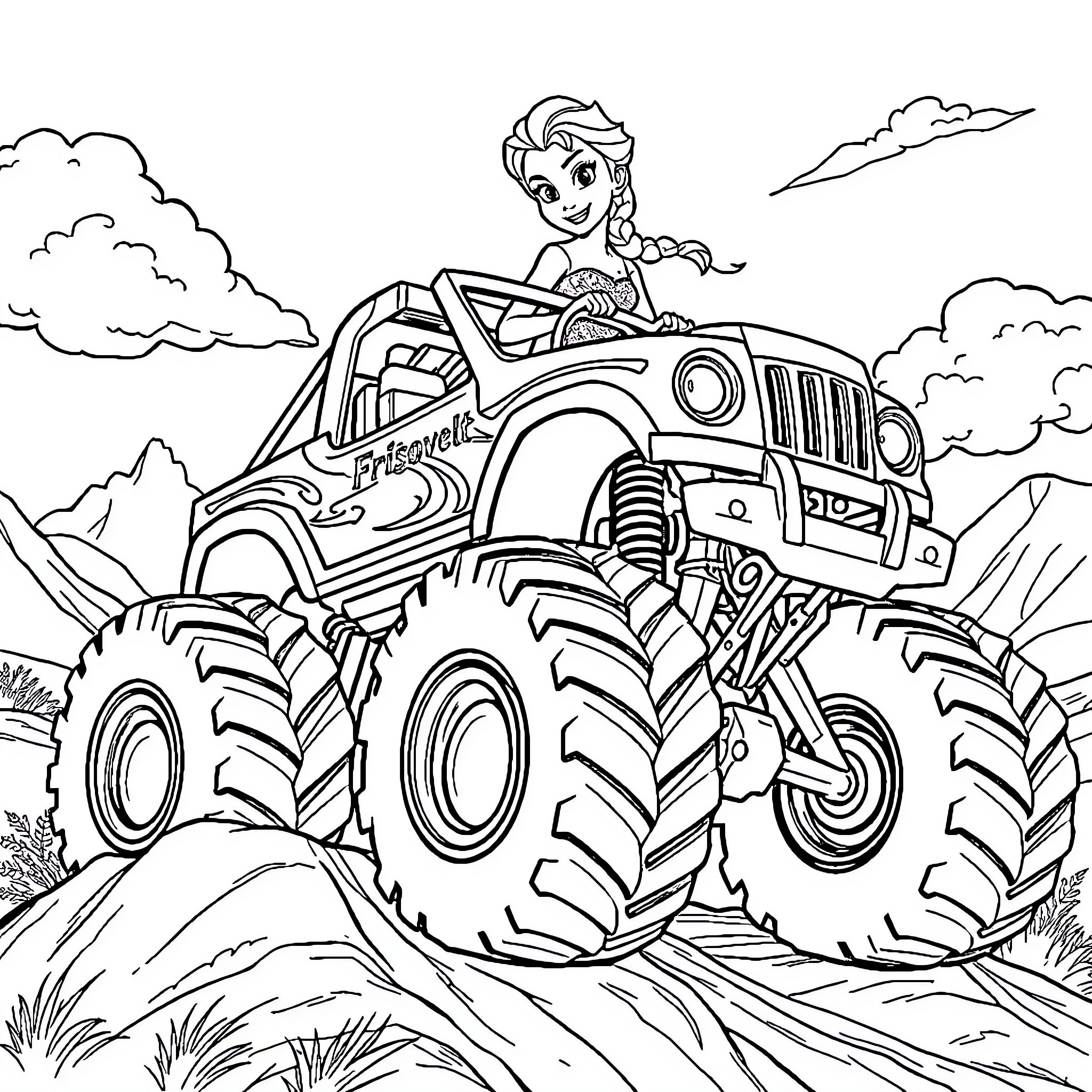 Elsa driving a monster truck through the mountains Coloring Page (free black-and-white line drawing printable PDF for all, from beginners to advanced learners, including children, teens, adults, and seniors)