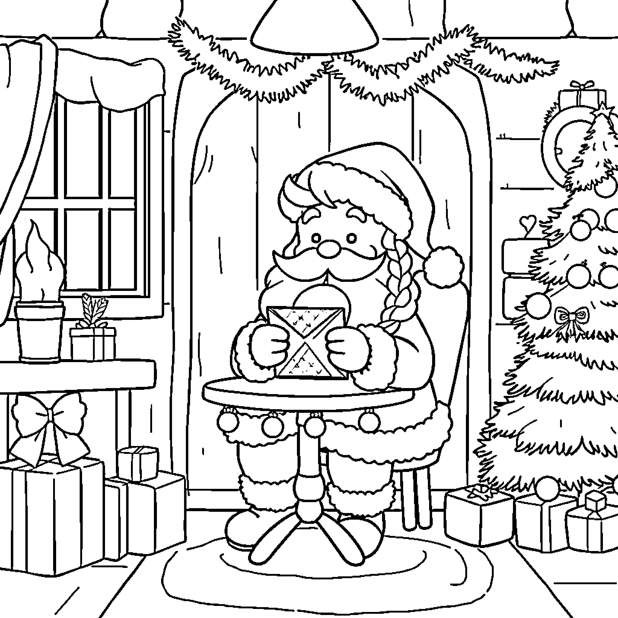 Santa relaxing in cozy holiday home Coloring Page (free black-and-white line drawing printable PDF for all, from beginners to advanced learners, including children, teens, adults, and seniors)