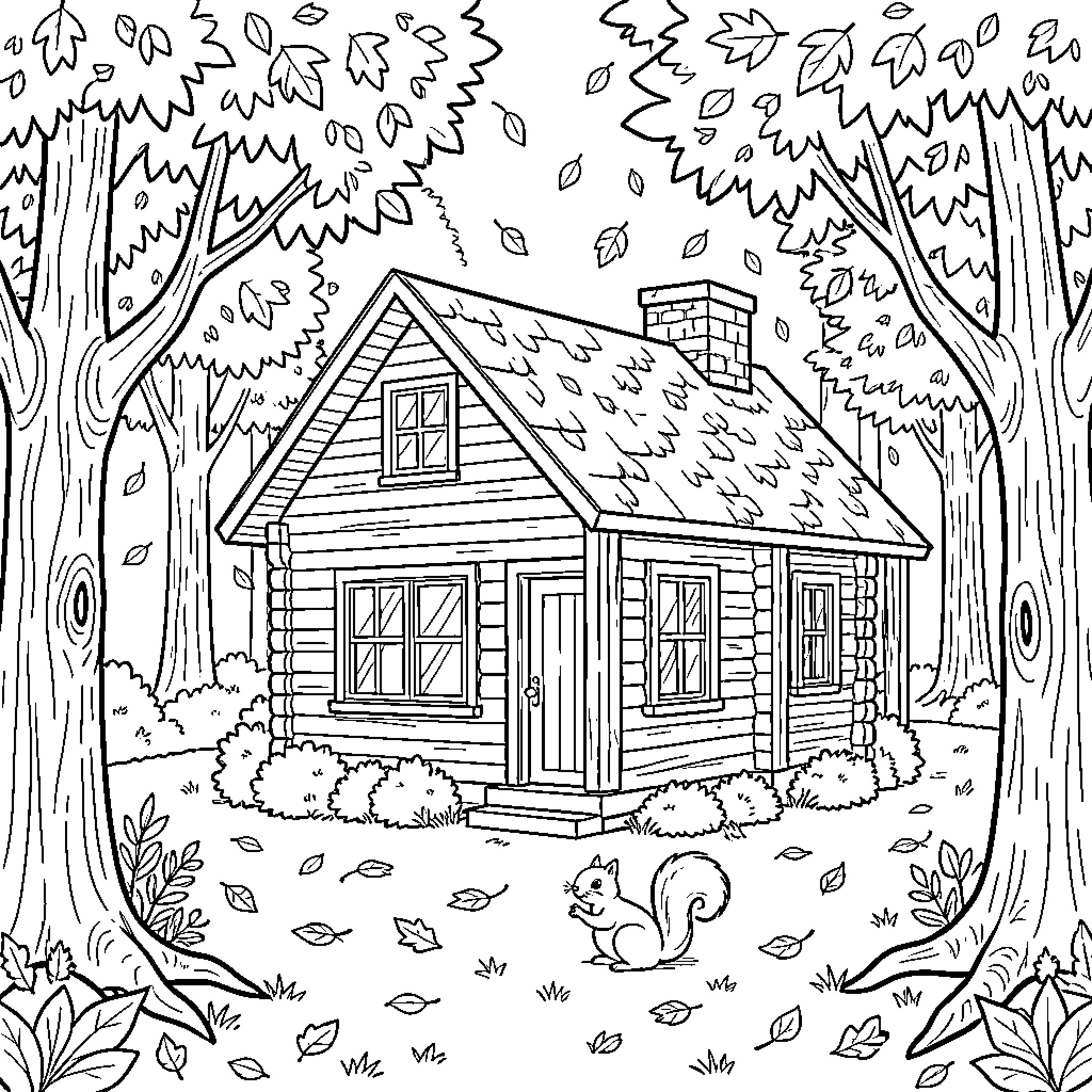 Cabin nestled among falling leaves in a forest Coloring Page (free black-and-white line drawing printable PDF for all, from beginners to advanced learners, including children, teens, adults, and seniors)