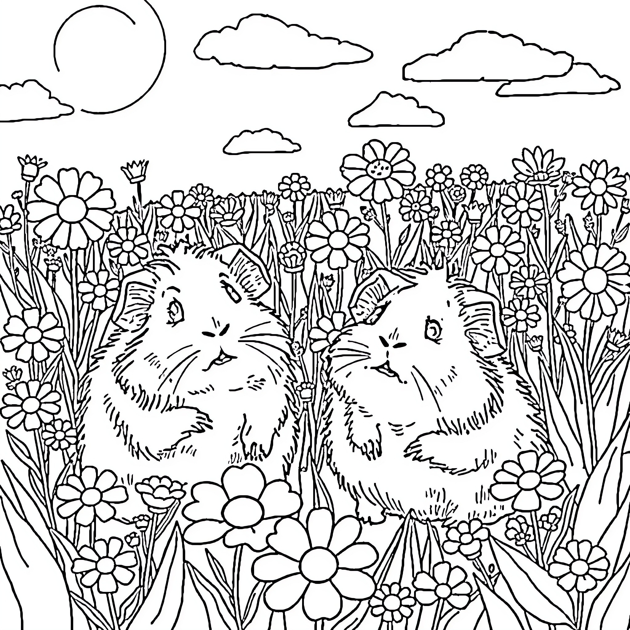 Guinea Pigs Frolicking in a Flower-Filled Field Coloring Page (free black-and-white line drawing printable PDF for all, from beginners to advanced learners, including children, teens, adults, and seniors)