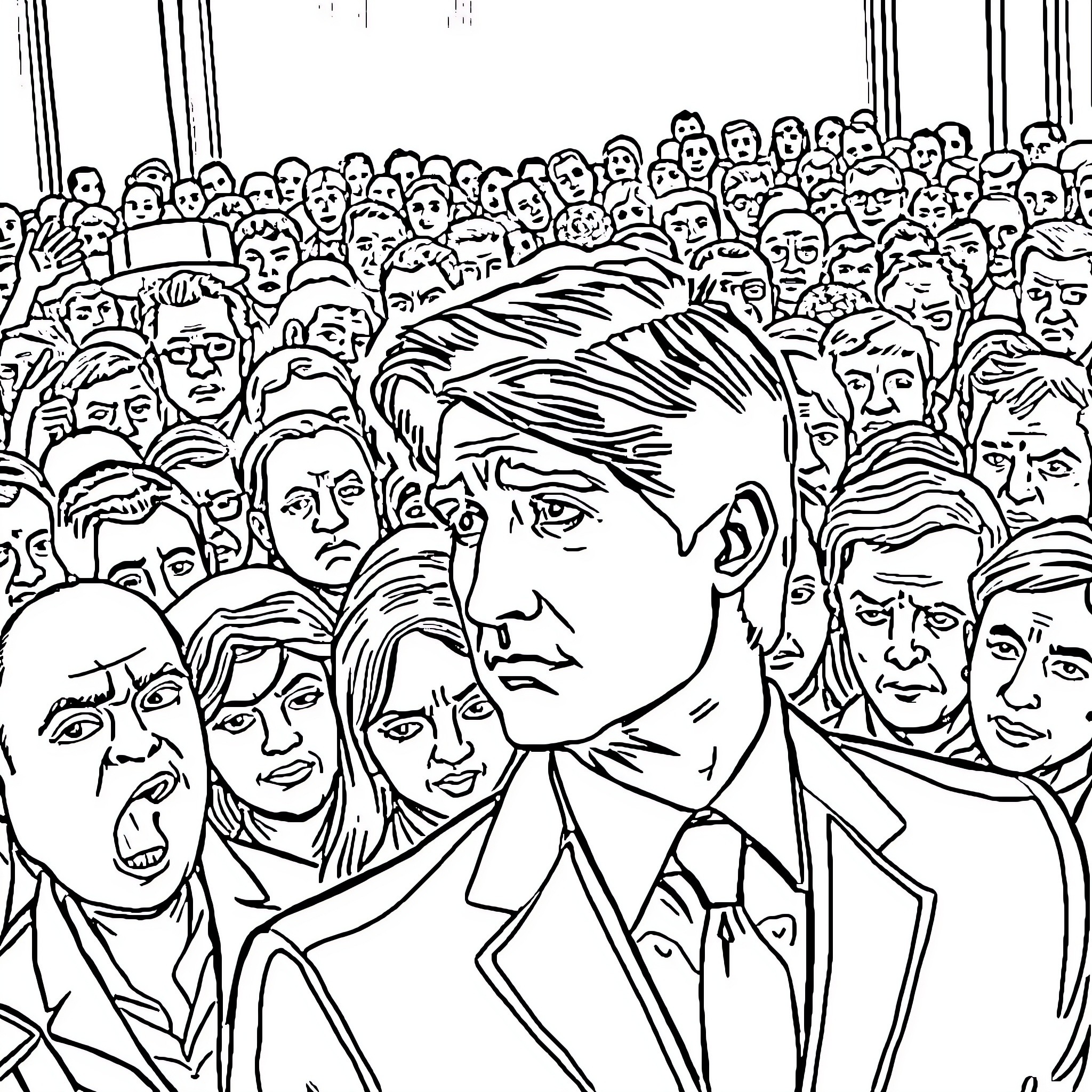Justin Trudeau among a crowd of people Coloring Page (free black-and-white line drawing printable PDF for all, from beginners to advanced learners, including children, teens, adults, and seniors)