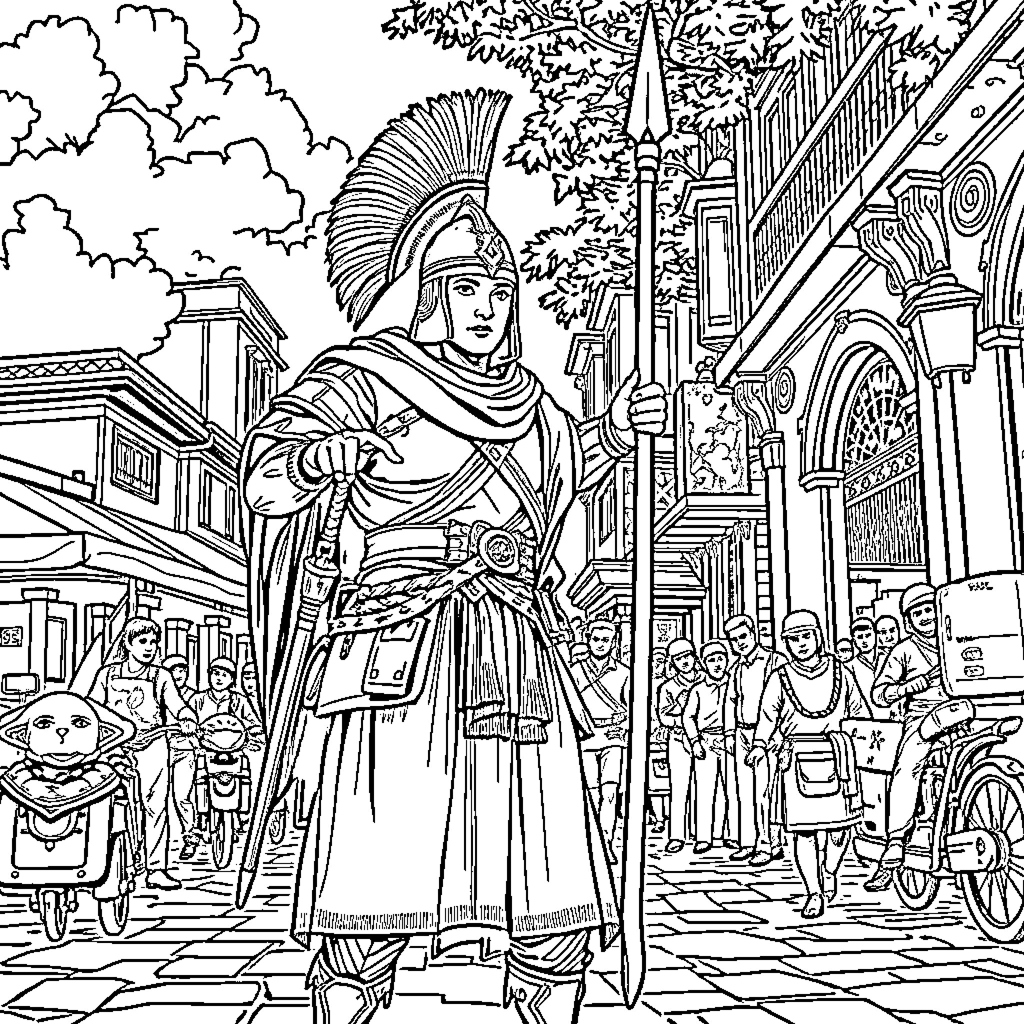 Warrior stands tall amid bustling city scene Coloring Page (free black-and-white line drawing printable PDF for all, from beginners to advanced learners, including children, teens, adults, and seniors)