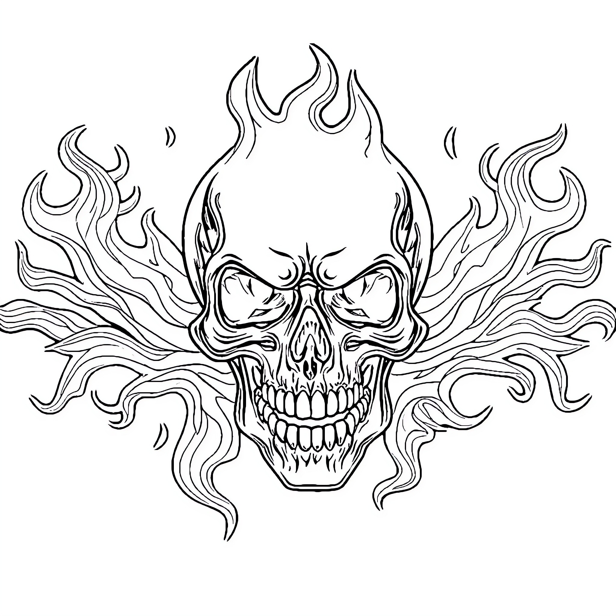 Skull with Fiery Flames and Sinister Expression Coloring Page (free black-and-white line drawing printable PDF for all, from beginners to advanced learners, including children, teens, adults, and seniors)