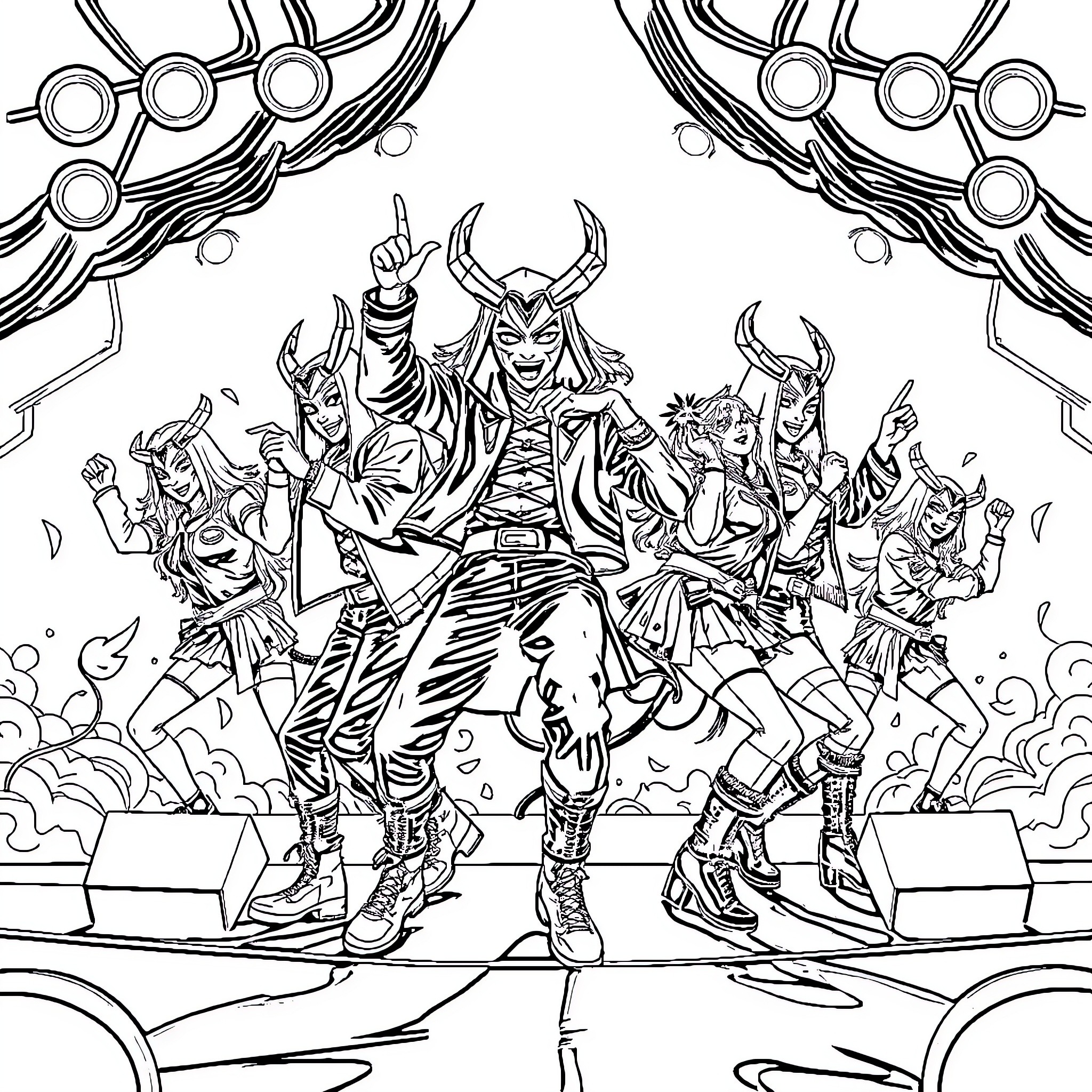 Demon Hunter Battling Supernatural Foes in Epic Confrontation Coloring Page (free black-and-white line drawing printable PDF for all, from beginners to advanced learners, including children, teens, adults, and seniors)