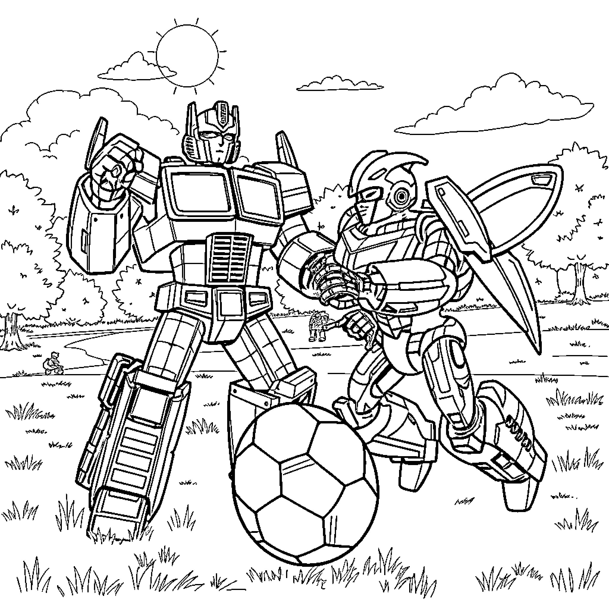 Optimus Prime playing soccer with robot companion Coloring Page (free black-and-white line drawing printable PDF for all, from beginners to advanced learners, including children, teens, adults, and seniors)