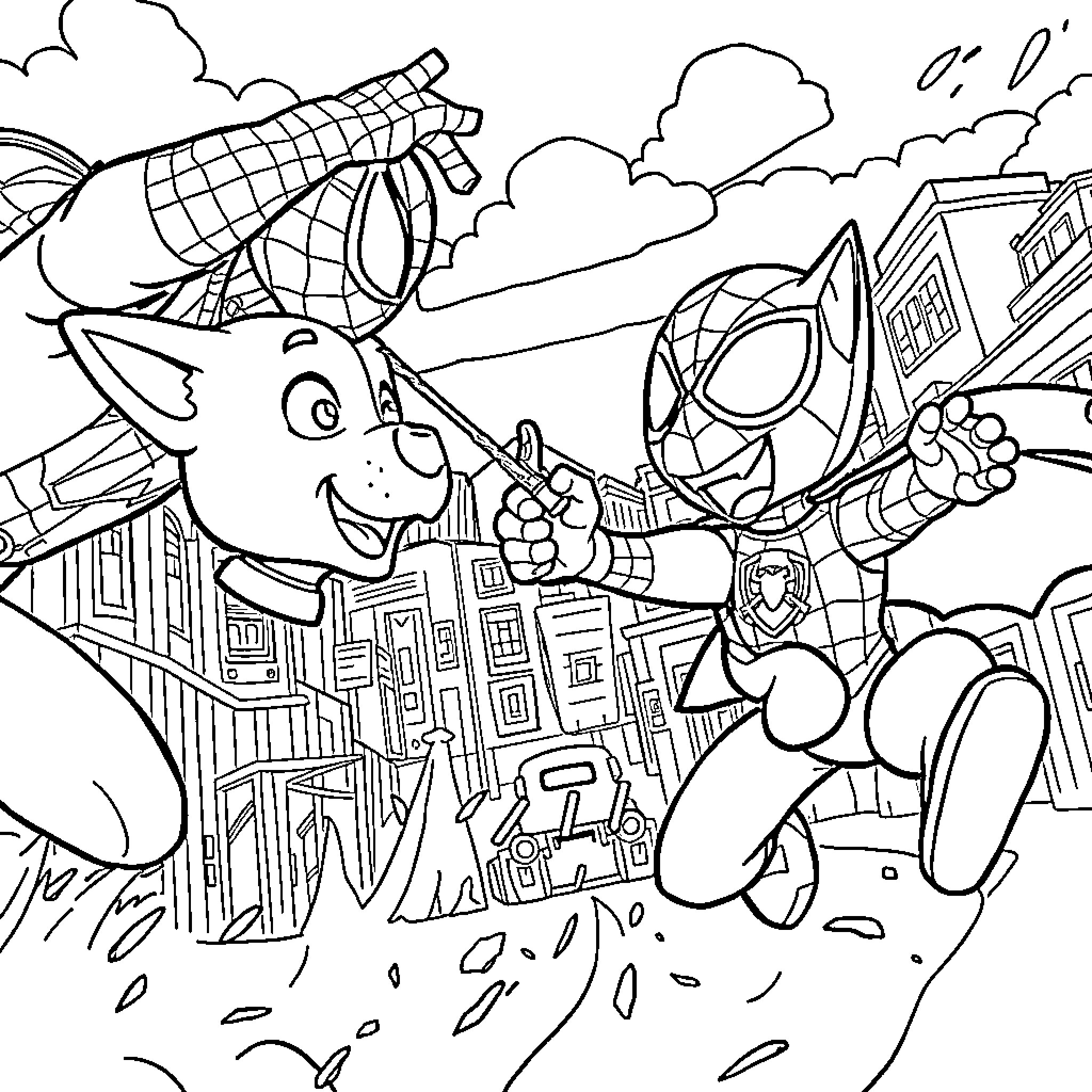 Spiderman and Cartoon Character Battling in the City Coloring Page (free black-and-white line drawing printable PDF for all, from beginners to advanced learners, including children, teens, adults, and seniors)