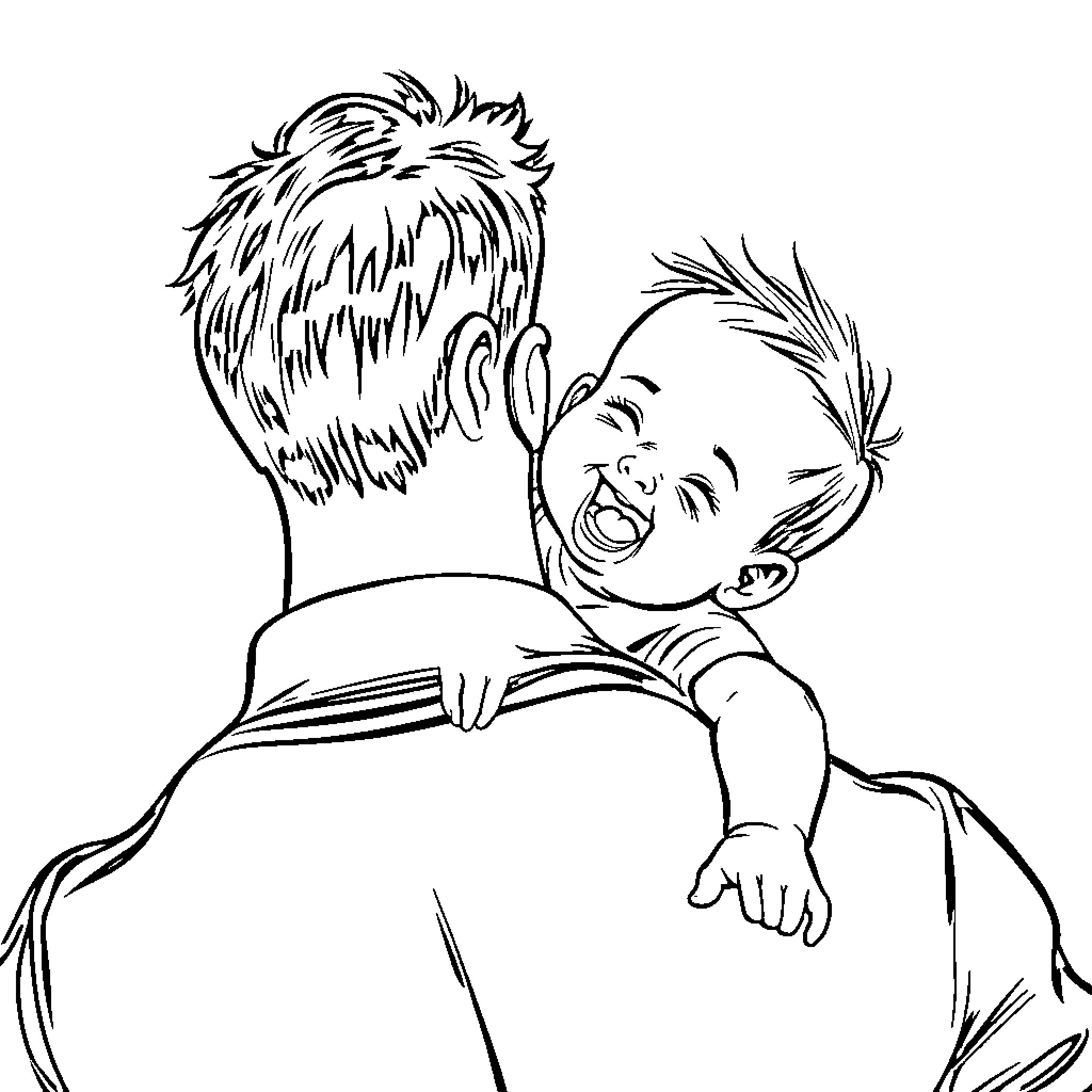 Baby clinging happily to parent's back Coloring Page (free black-and-white line drawing printable PDF for all, from beginners to advanced learners, including children, teens, adults, and seniors)