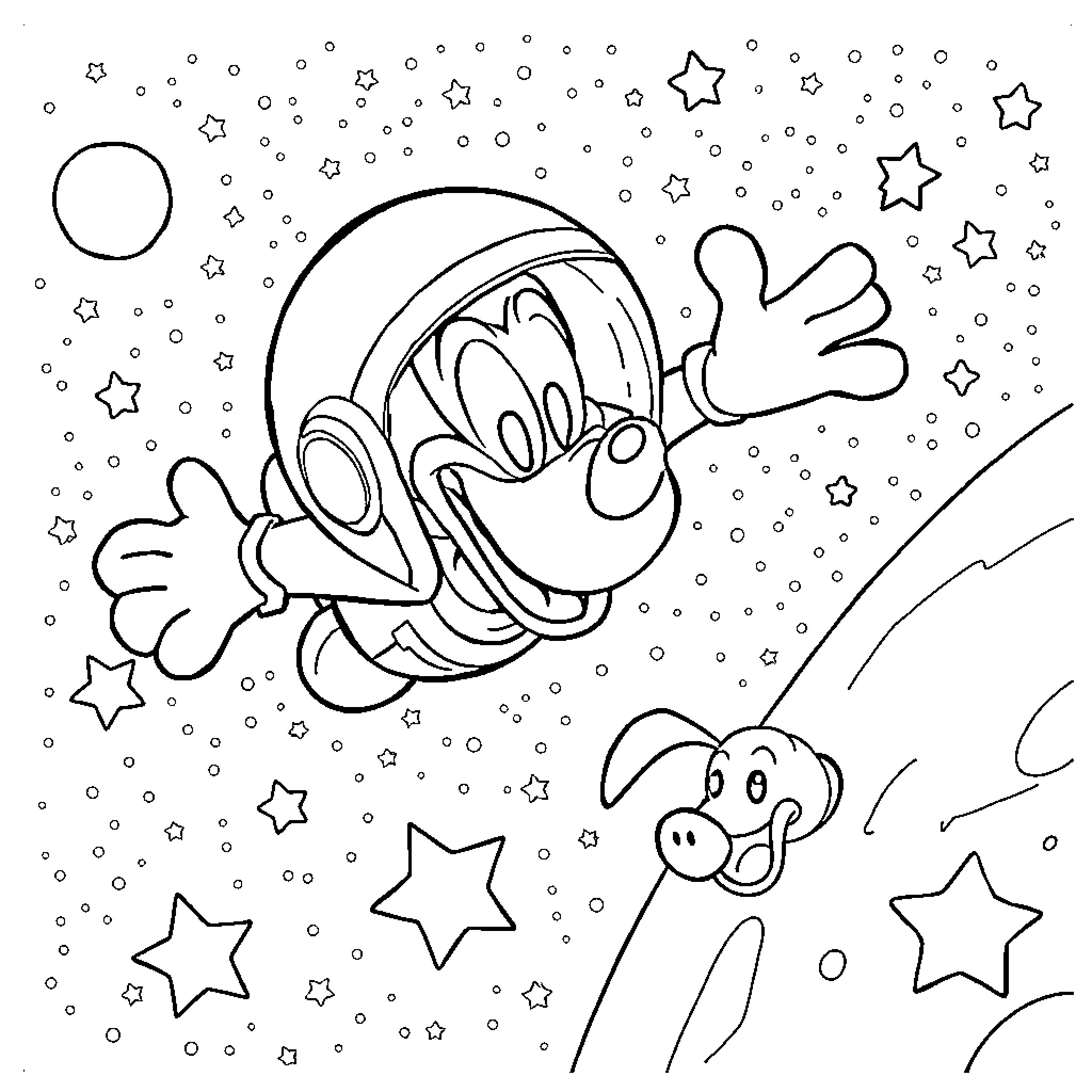 Goofy characters playing in the starry night Coloring Page (free black-and-white line drawing printable PDF for all, from beginners to advanced learners, including children, teens, adults, and seniors)