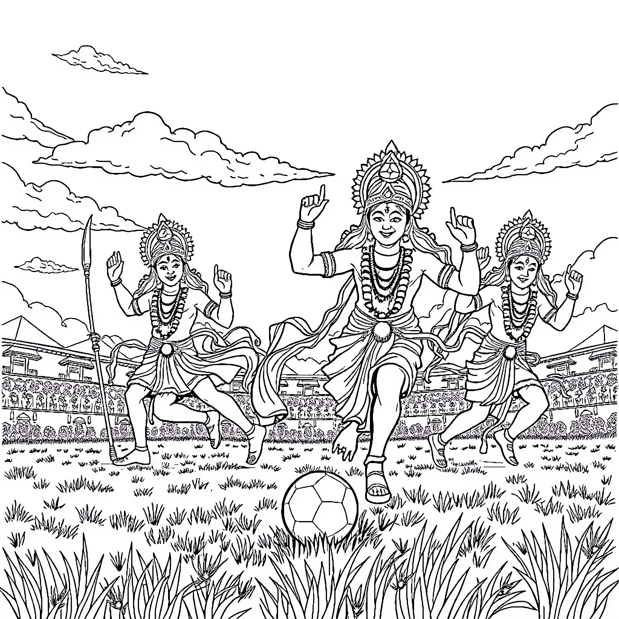 Hindu Gods Engaged in Playful Dance and Sports Coloring Page (free black-and-white line drawing printable PDF for all, from beginners to advanced learners, including children, teens, adults, and seniors)