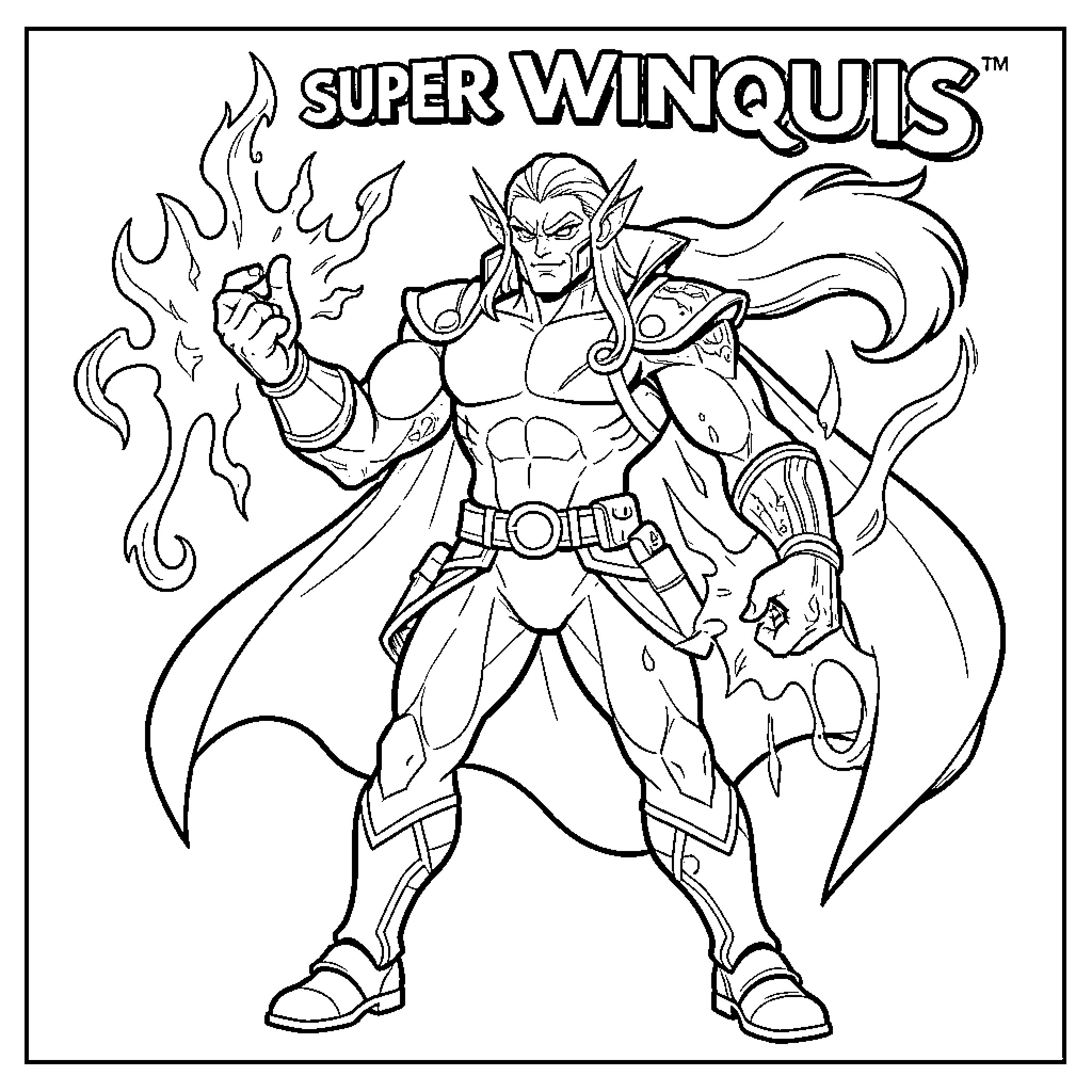Winquis superhero in action-packed pose Coloring Page (free black-and-white line drawing printable PDF for all, from beginners to advanced learners, including children, teens, adults, and seniors)