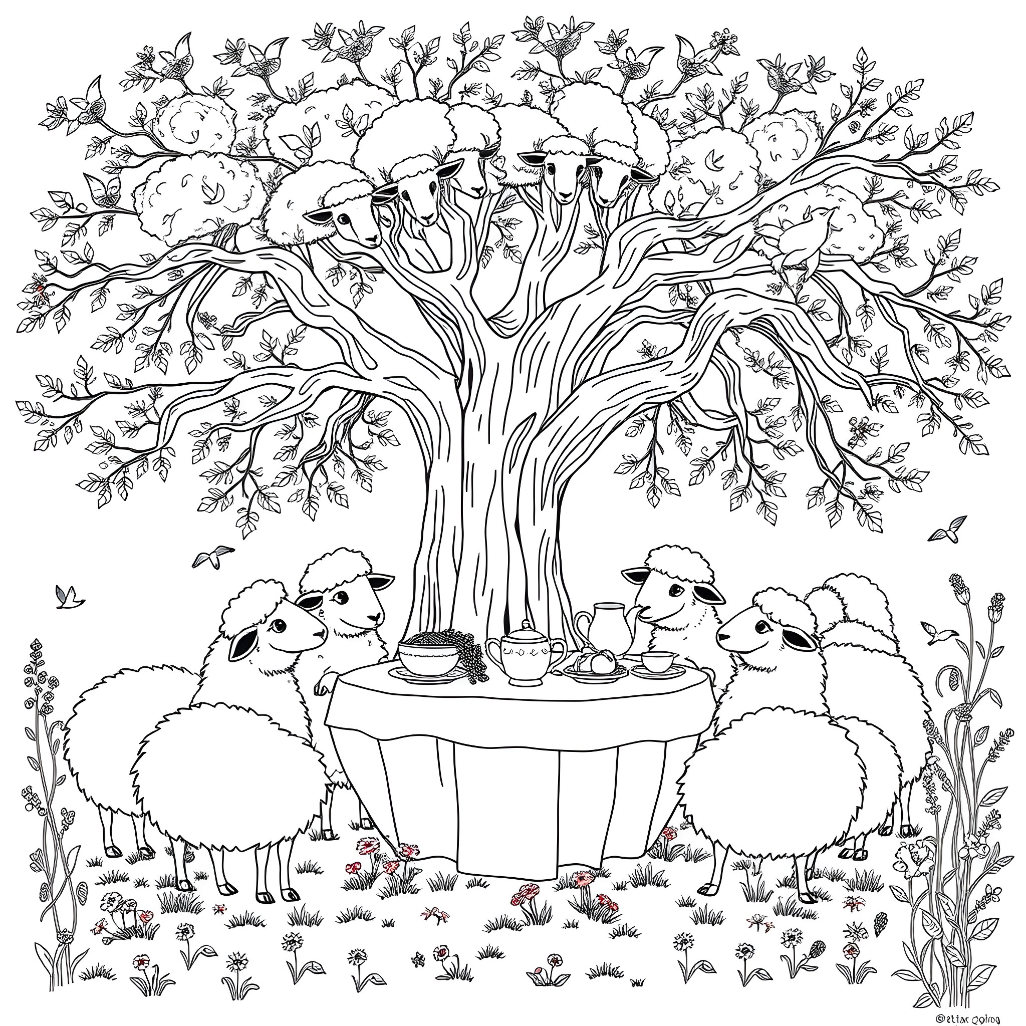 Sheep gathered around a tree enjoying a picnic Coloring Page (free black-and-white line drawing printable PDF for all, from beginners to advanced learners, including children, teens, adults, and seniors)