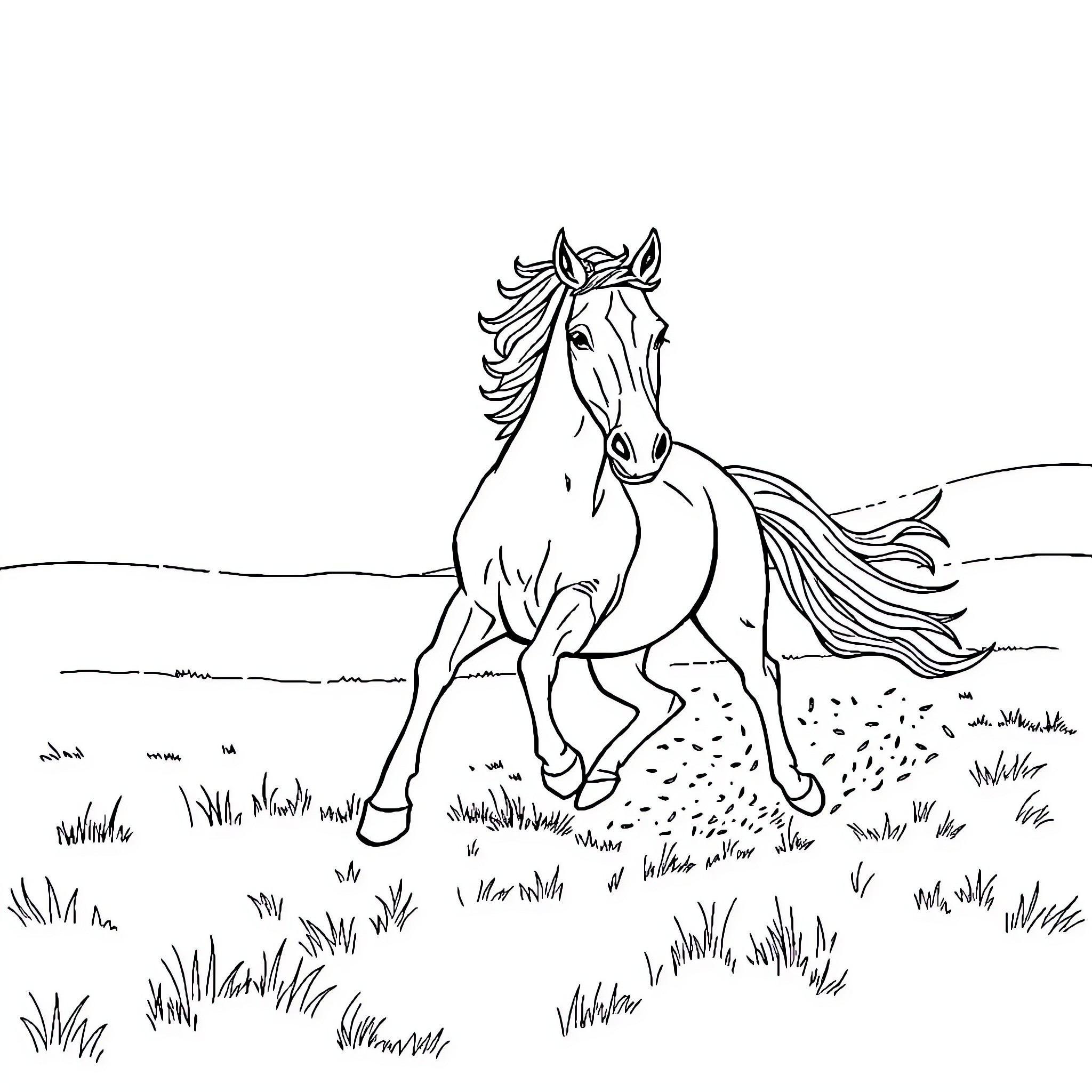 Horse running freely in open field Coloring Page (free black-and-white line drawing printable PDF for all, from beginners to advanced learners, including children, teens, adults, and seniors)