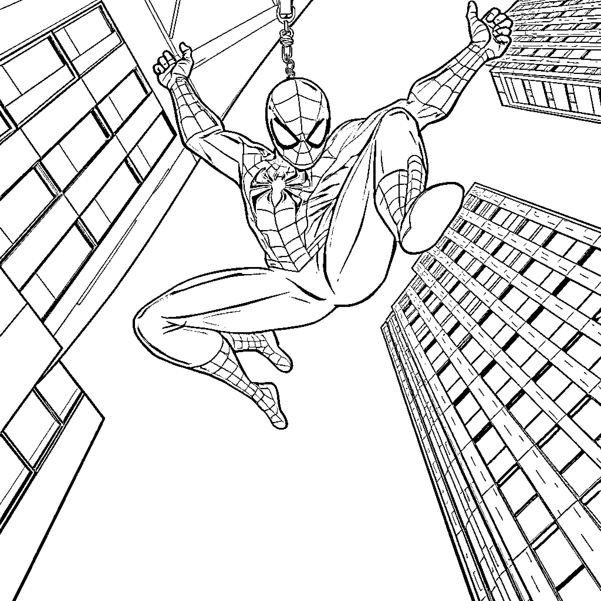 Spiderman web-swinging through the city skyline Coloring Page (free black-and-white line drawing printable PDF for all, from beginners to advanced learners, including children, teens, adults, and seniors)