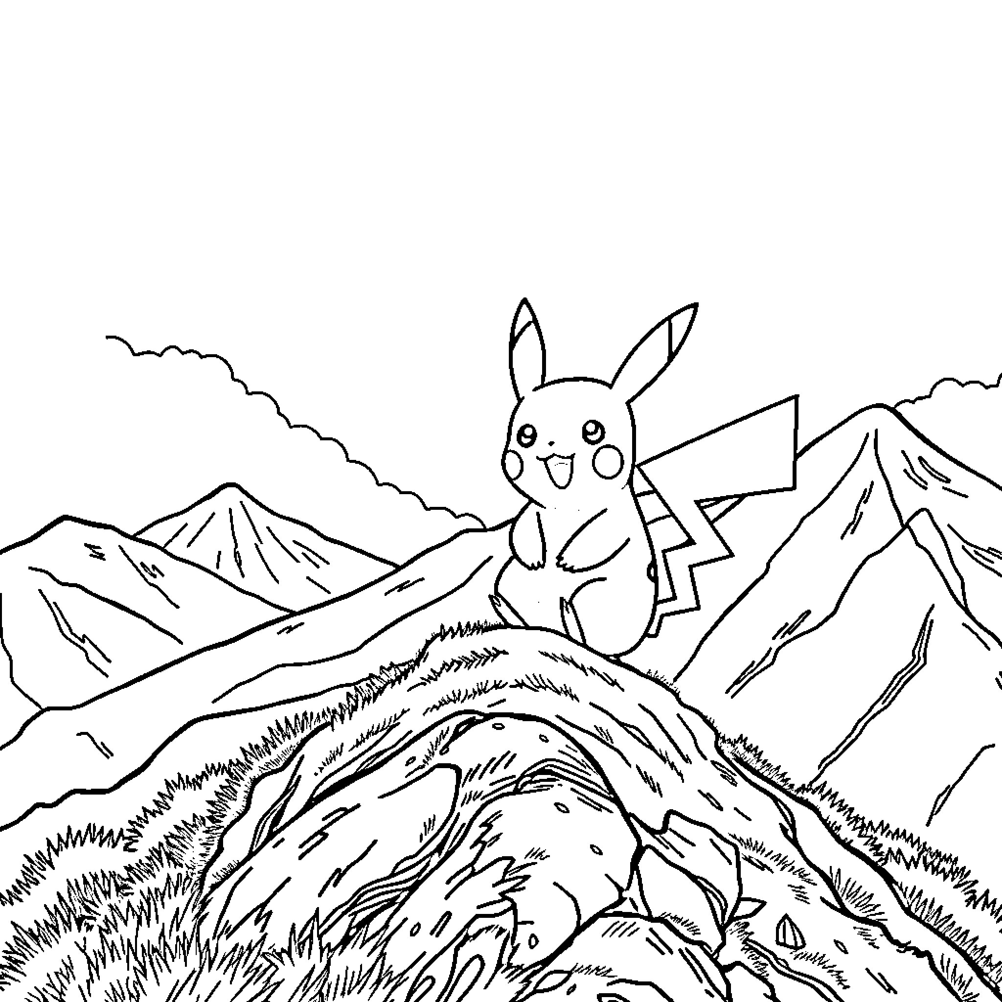 Pikachu exploring the mountain landscape Coloring Page (free black-and-white line drawing printable PDF for all, from beginners to advanced learners, including children, teens, adults, and seniors)