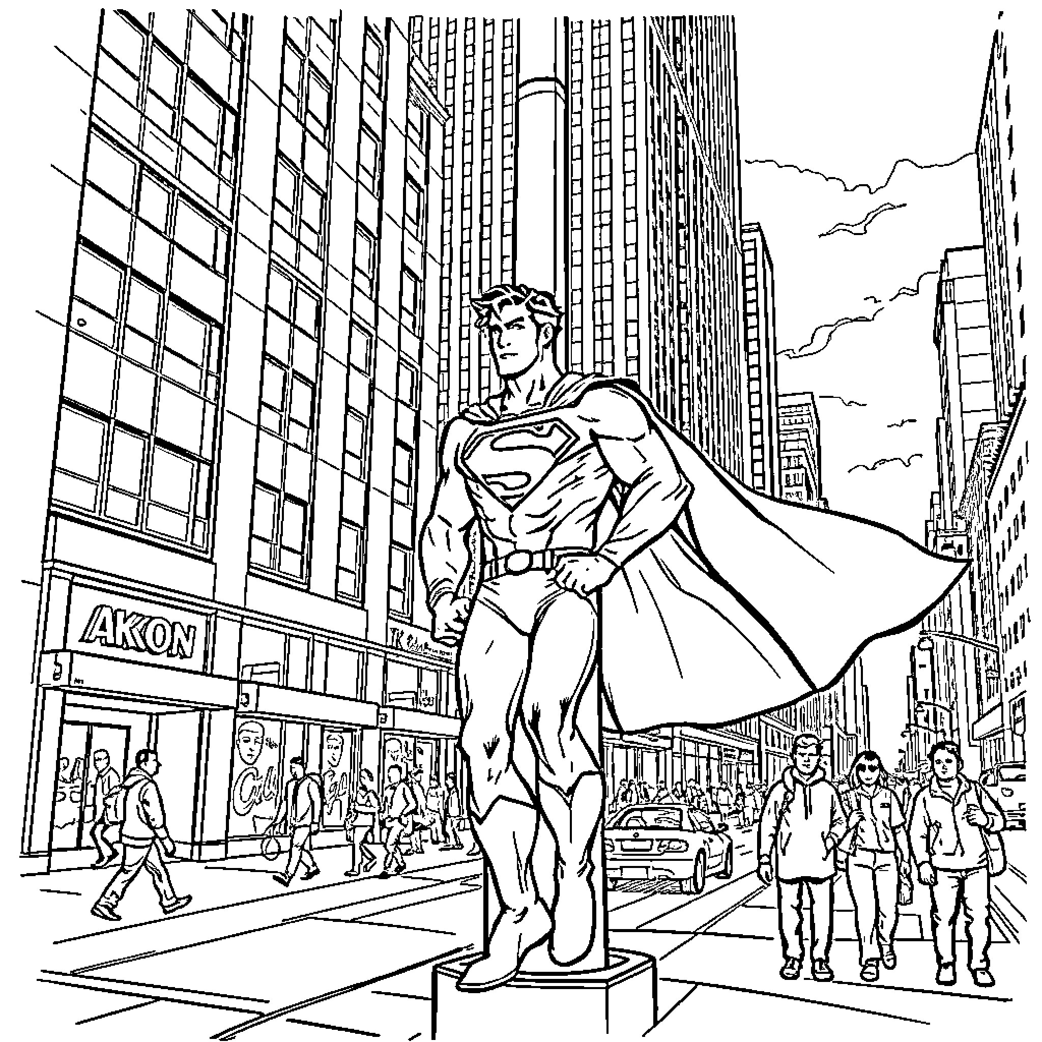 Superman protecting the city from high-rise buildings Coloring Page (free black-and-white line drawing printable PDF for all, from beginners to advanced learners, including children, teens, adults, and seniors)