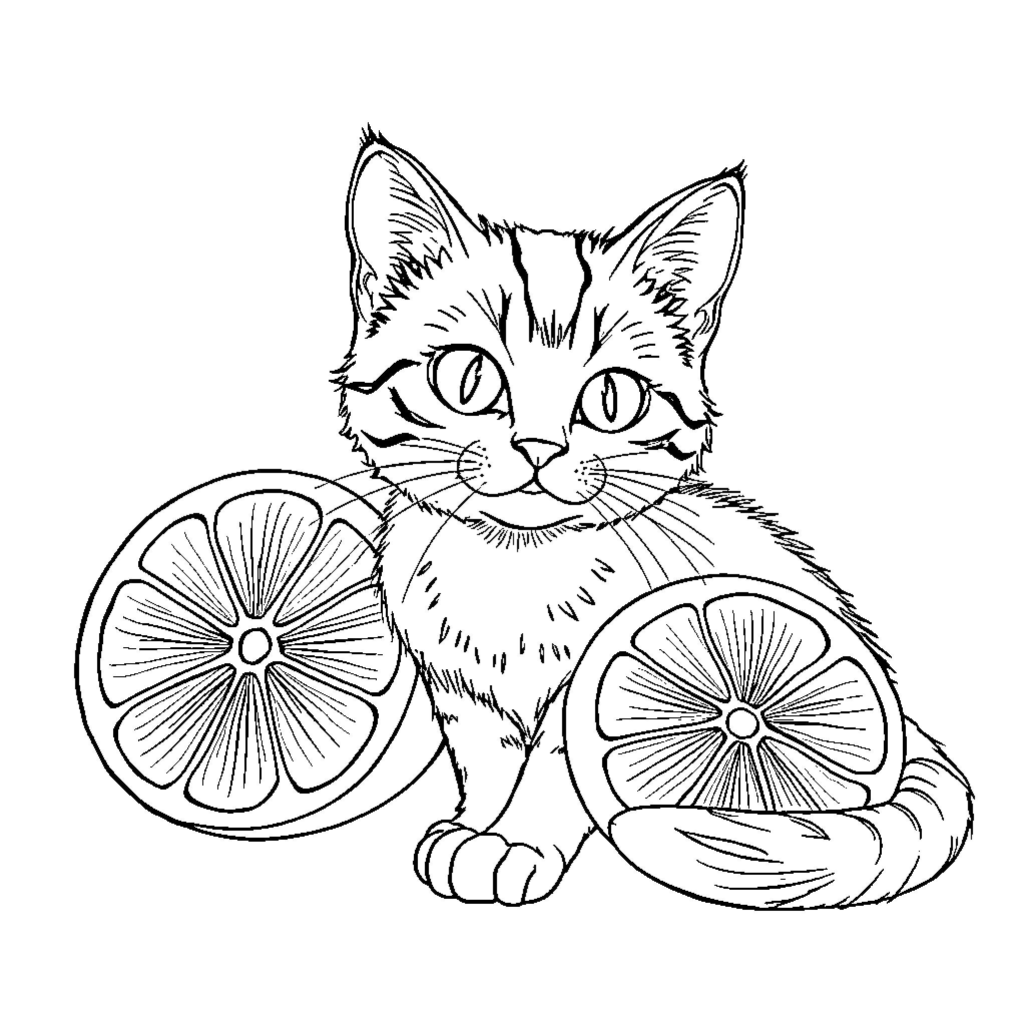 Cat surrounded by citrus slices Coloring Page (free black-and-white line drawing printable PDF for all, from beginners to advanced learners, including children, teens, adults, and seniors)
