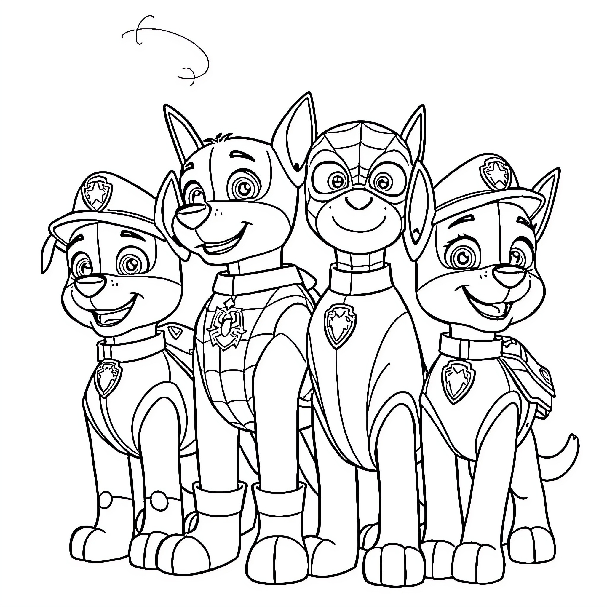 Dog pals in fun uniforms on patrol Coloring Page (free black-and-white line drawing printable PDF for all, from beginners to advanced learners, including children, teens, adults, and seniors)