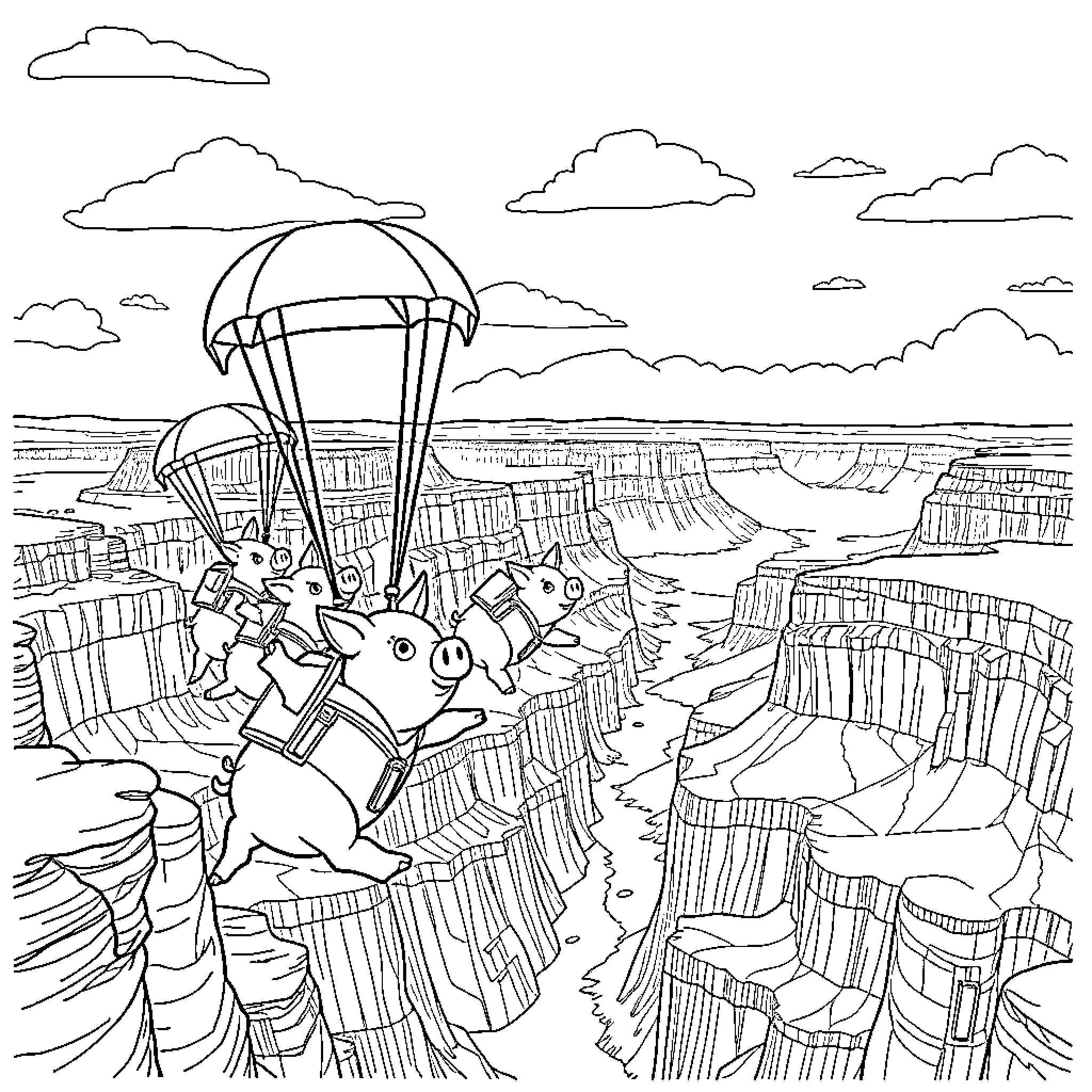 Pig jumping with parachute over canyon Coloring Page (free black-and-white line drawing printable PDF for all, from beginners to advanced learners, including children, teens, adults, and seniors)