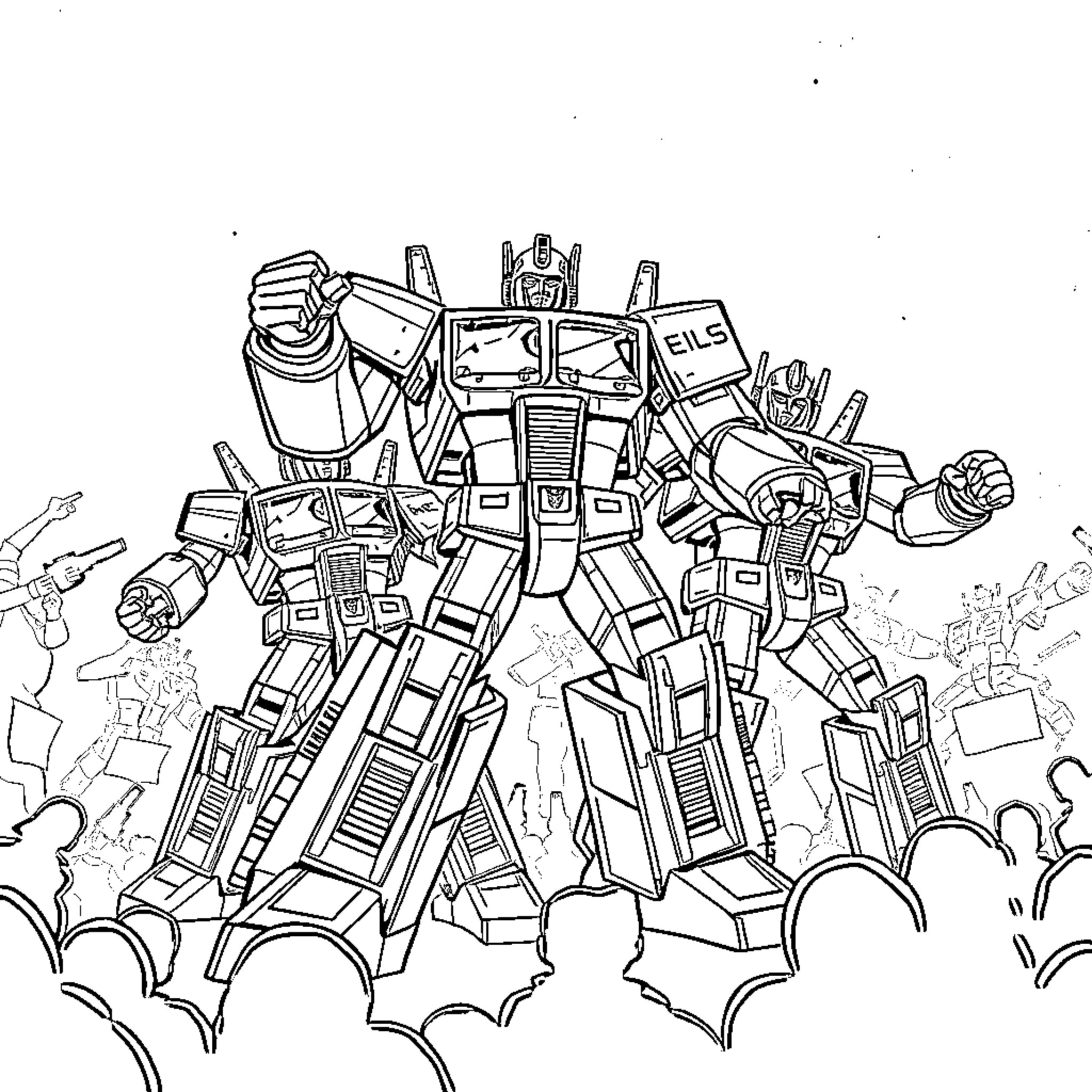 Transformer robots in epic battle scene Coloring Page (free black-and-white line drawing printable PDF for all, from beginners to advanced learners, including children, teens, adults, and seniors)